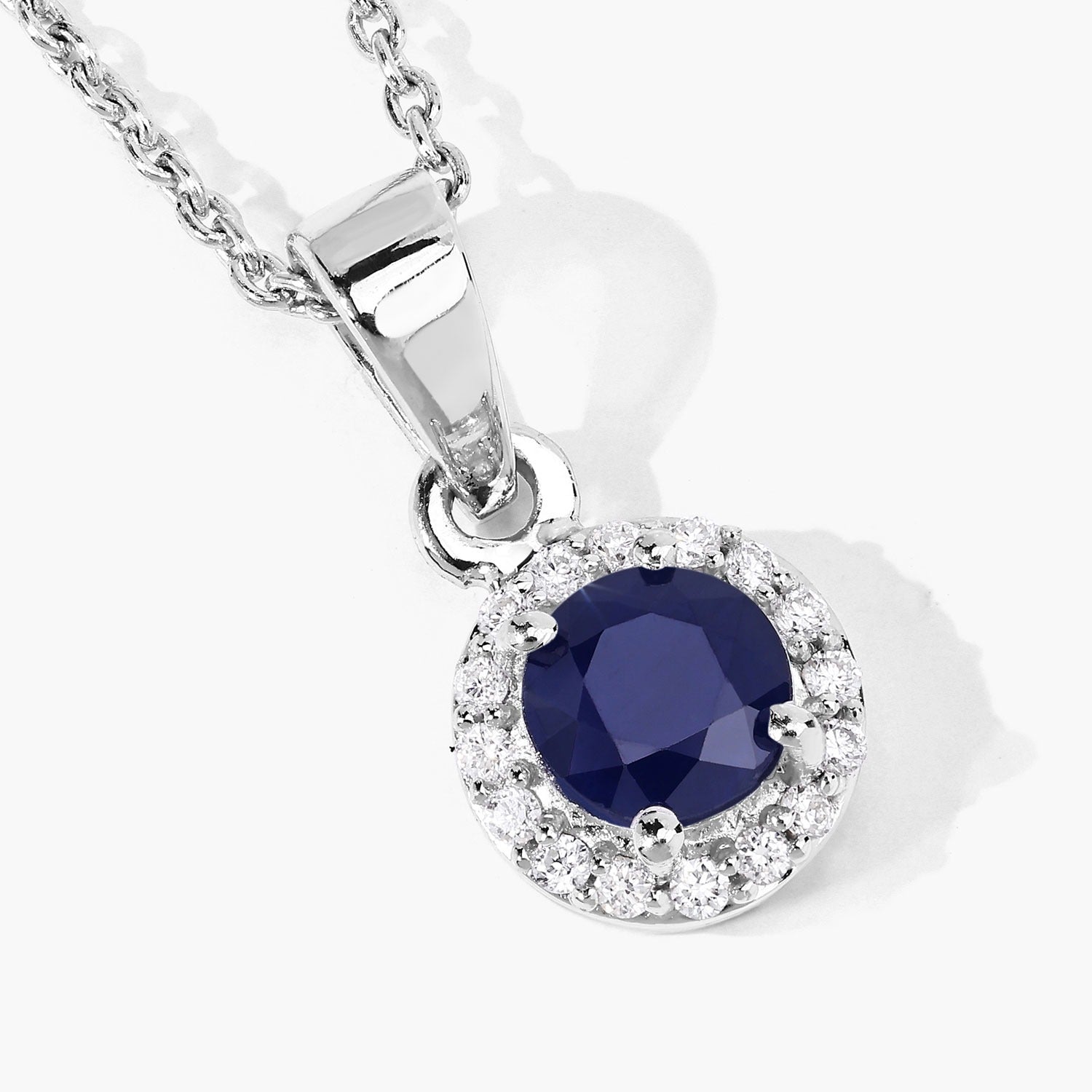 0.75 Ct Genuine Blue Sapphire and Lab Diamond Silver Round Halo Necklace Fine Color Jewels