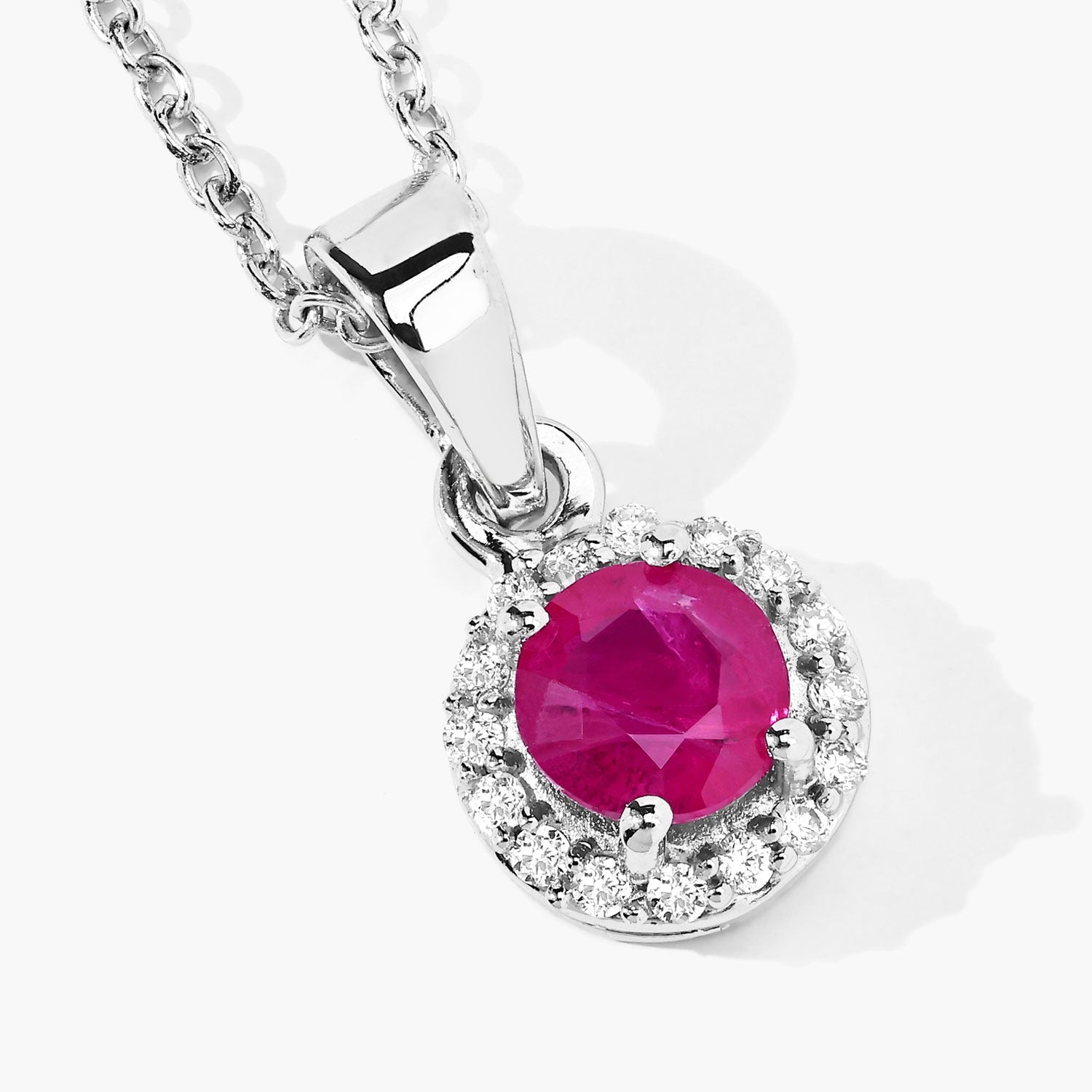 0.65 Ct Genuine Mozambique Ruby and Lab Diamond Silver Round Necklace