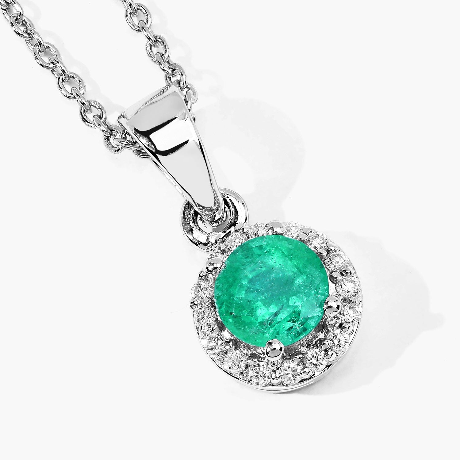 0.52 Ct Genuine Zambian Emerald and Lab Diamond Silver Round Necklace