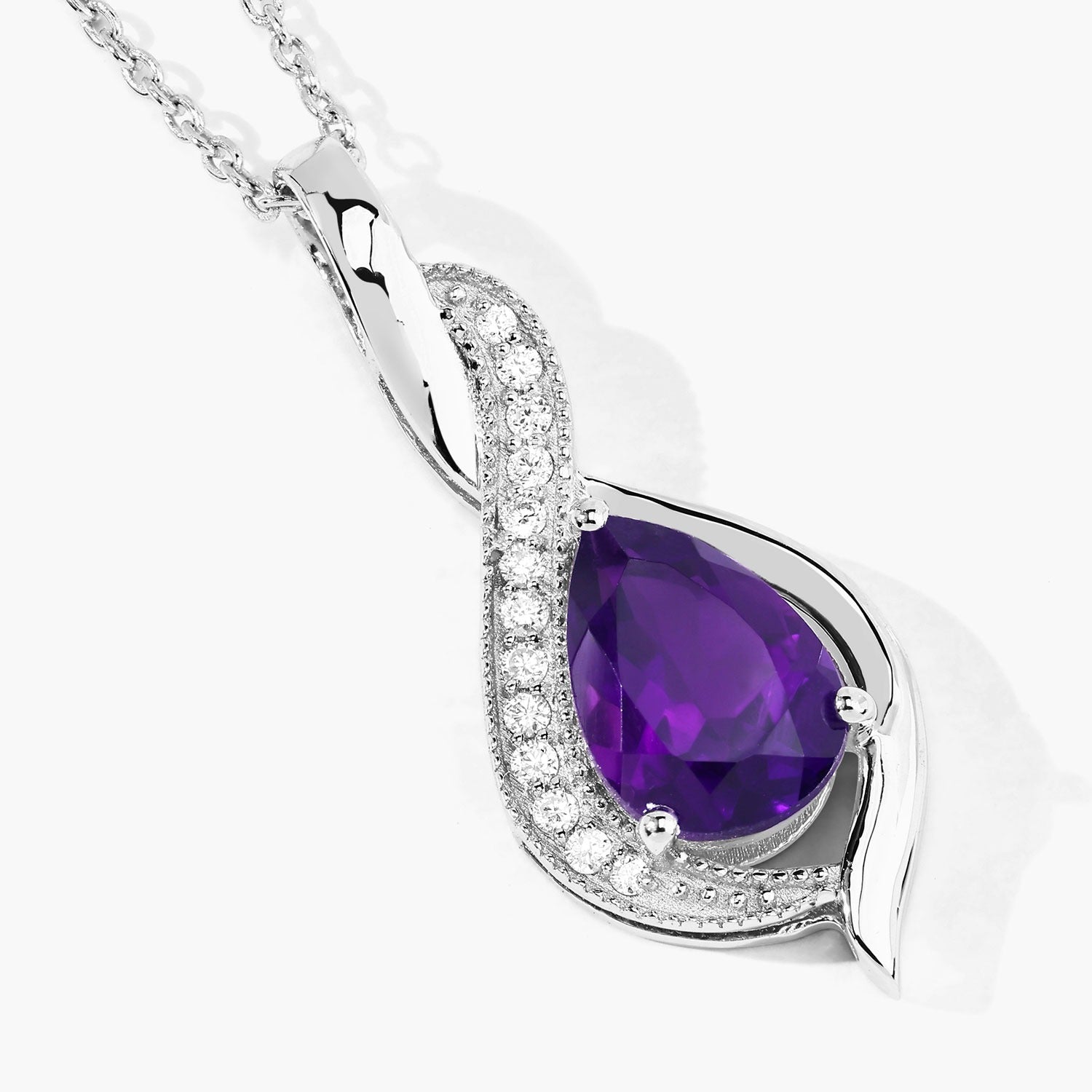 1.52 Ct Genuine Amethyst and Lab Diamond Silver Teardrop Necklace