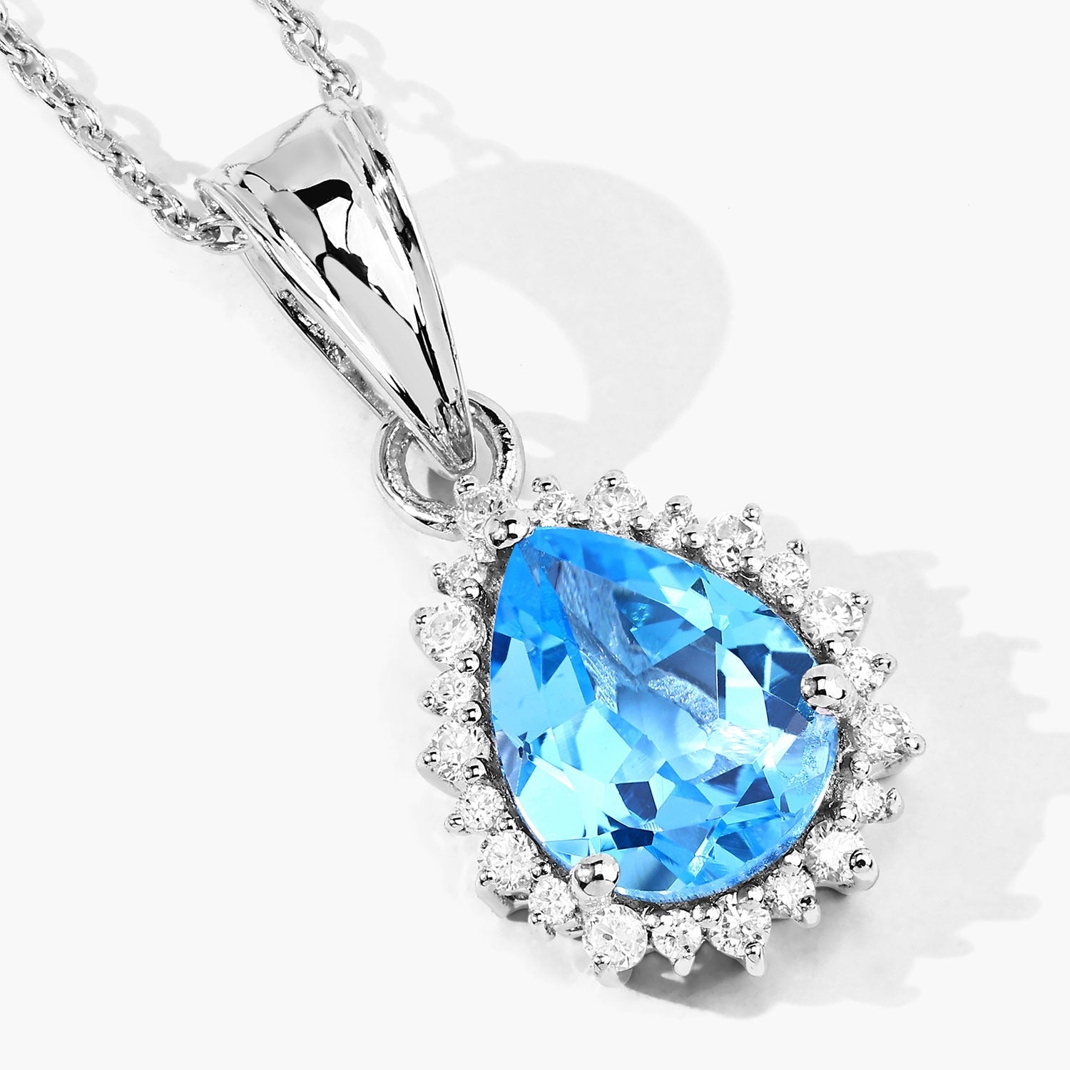 2.85 Ct Genuine Swiss Blue Topaz and Lab Diamond Silver Halo Necklace Fine Color Jewels