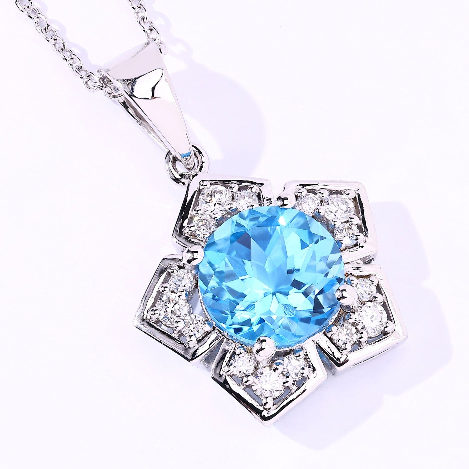 4.08 Ct Genuine Swiss Blue Topaz and Lab Grown Diamond Silver Floral Necklace