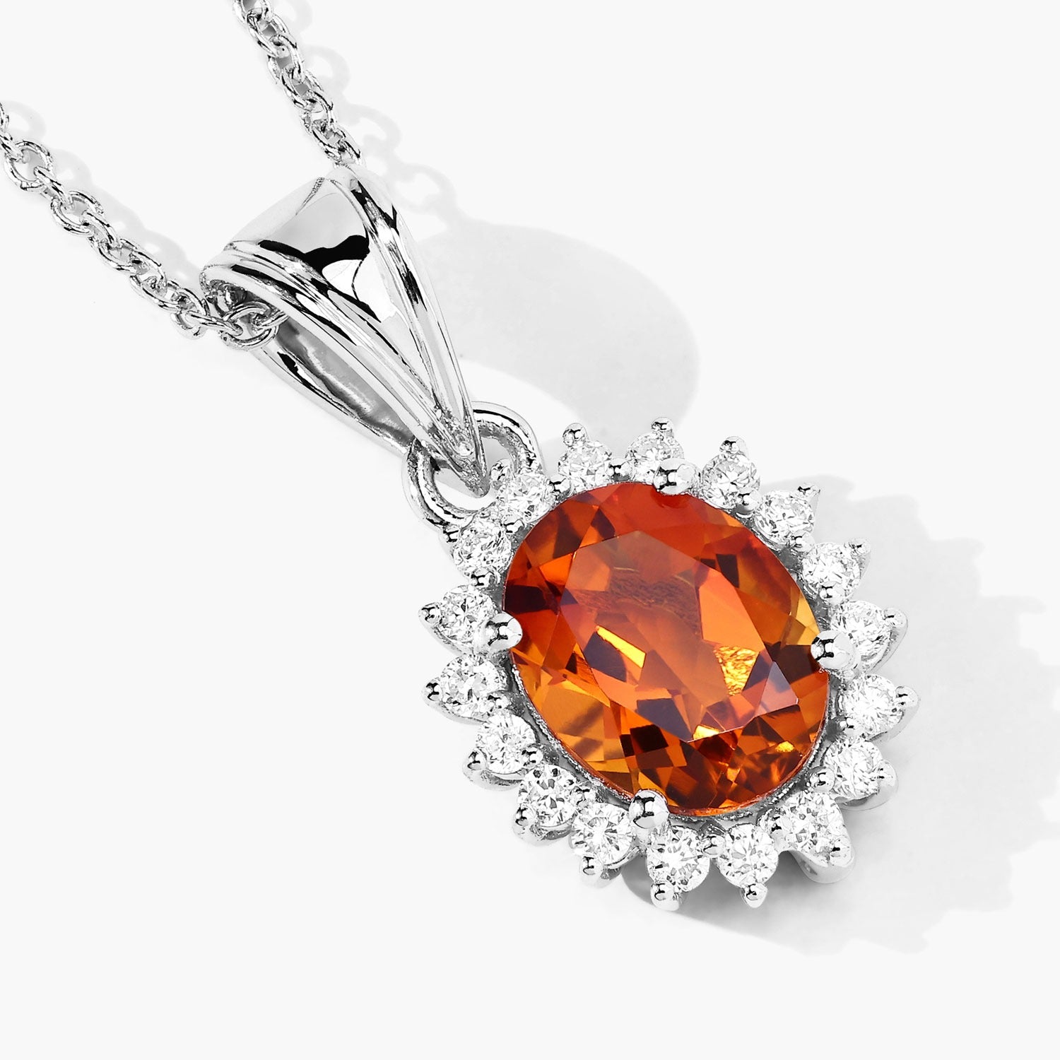 1.97 Ct Genuine Madeira Citrine and Lab Grown Diamond Silver Halo Necklace