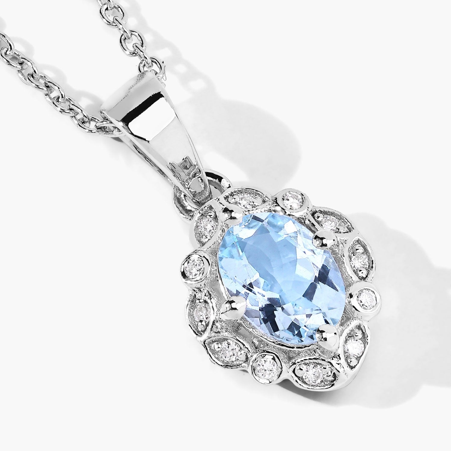 0.66 Ct Genuine Blue Aquamarine and Lab Diamond Silver Halo Necklace
