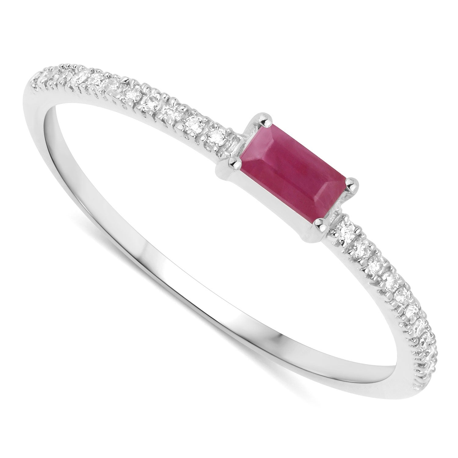 0.22 Ct Baguette Cut Pink Ruby and White Diamond Prong 14K White Gold Bridge Stackable Pave Ring