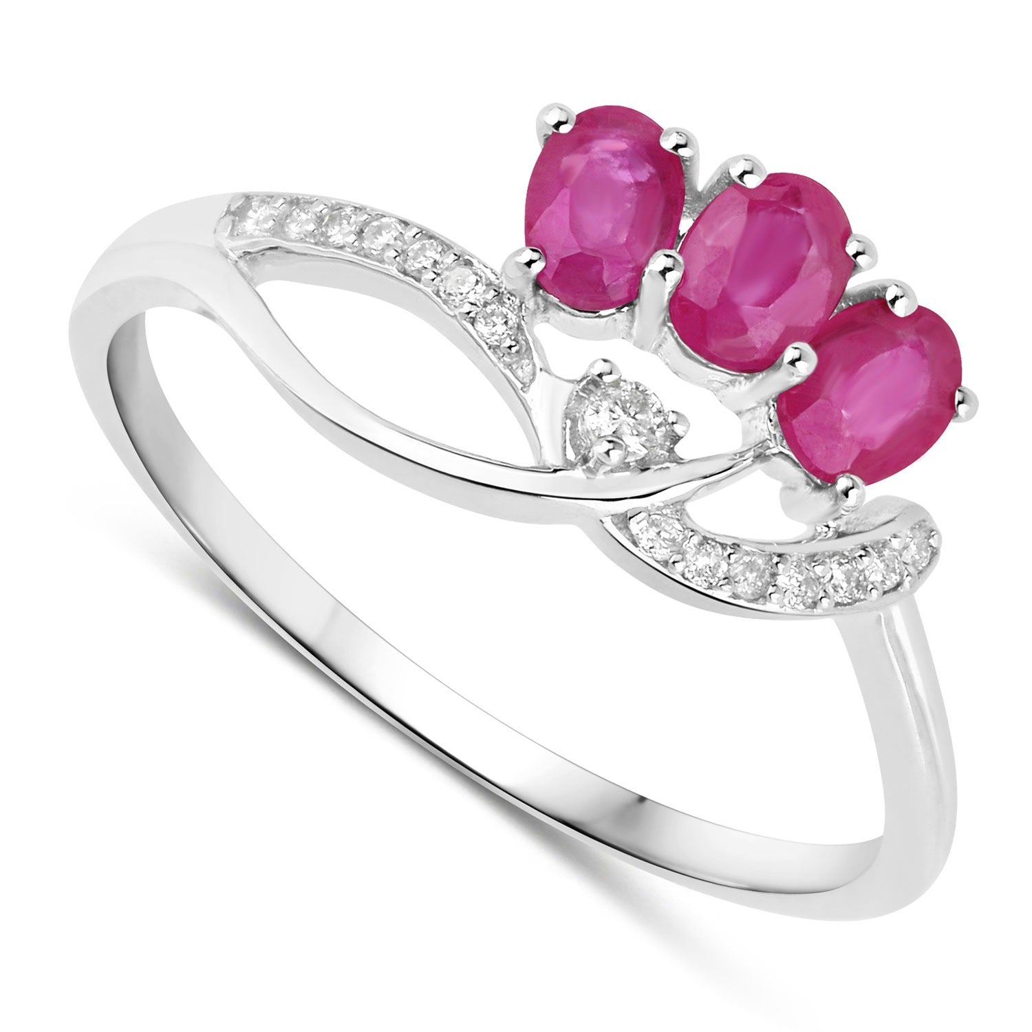 0.72 Ct Oval Shaped Pink Ruby and White Diamond Prong 14K White Gold Pave Three Stone Knot Ring
