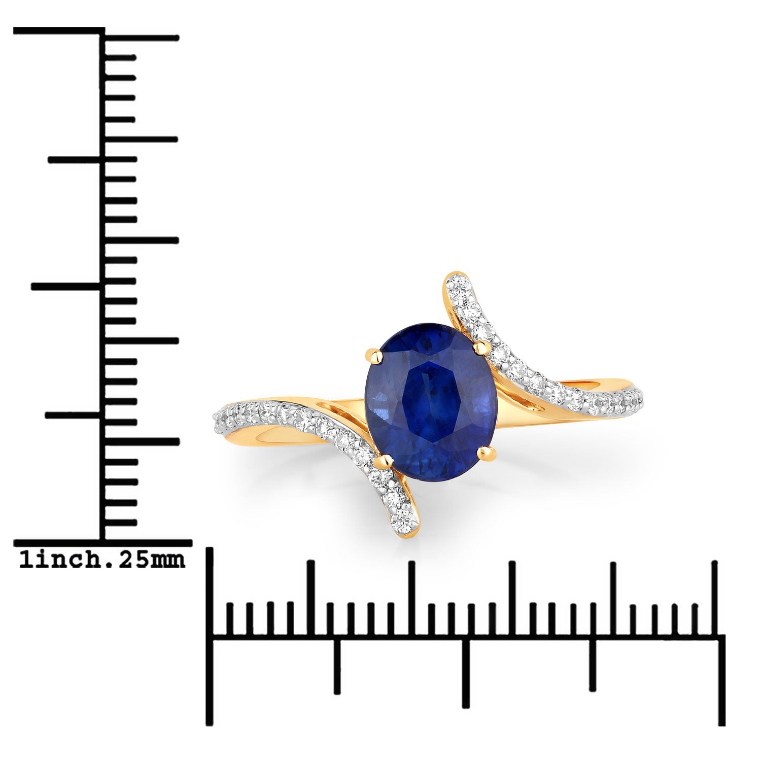 2.42 Ct Oval Ceylon Blue Sapphire and White Diamond Prong 18K Yellow Gold Pave Bypass Ring
