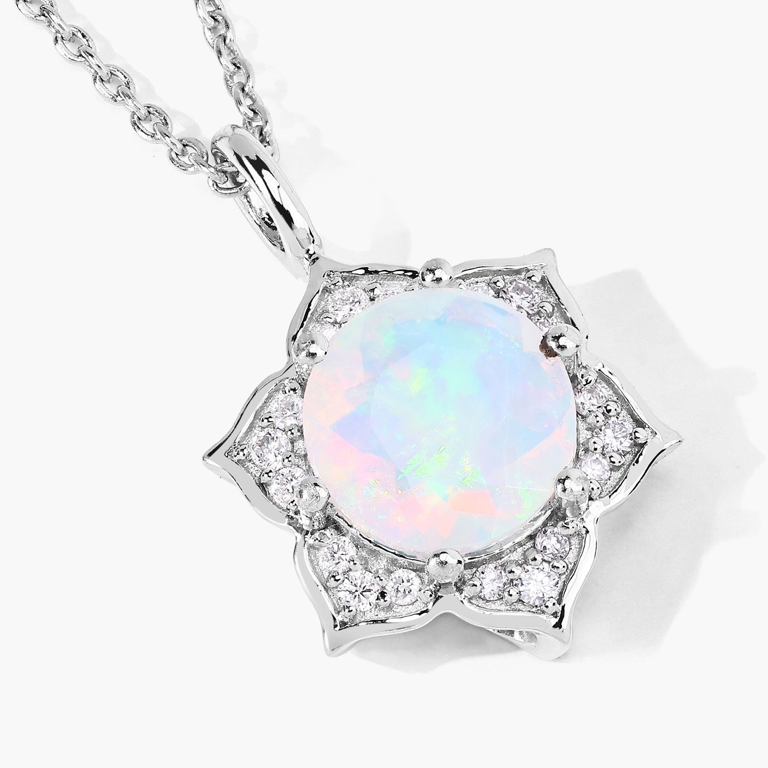 1.03 Ct Genuine Ethiopian Opal and Lab Diamond Silver Star Necklace