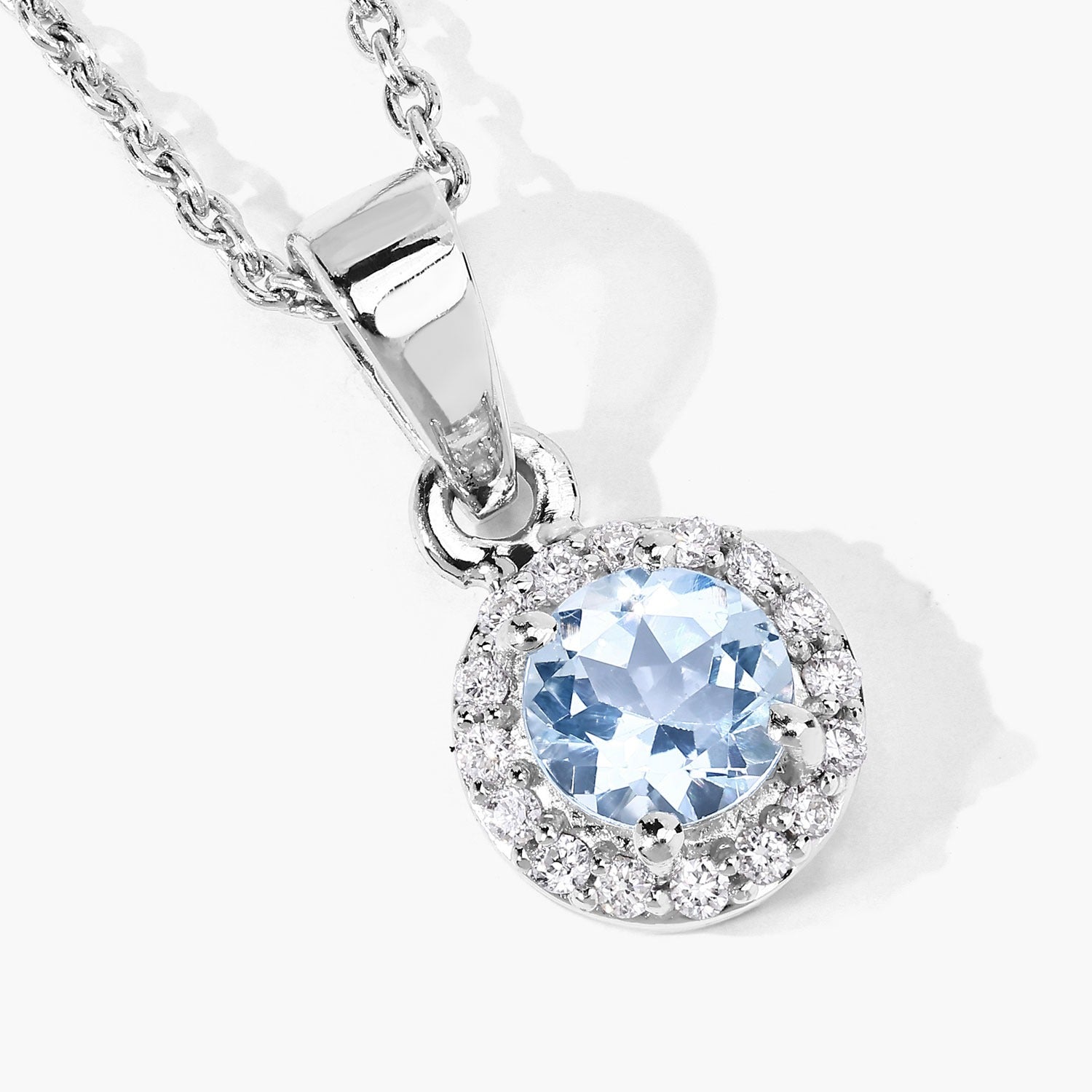 0.48 Ct Genuine Aquamarine and Lab Diamond Silver Round Necklace