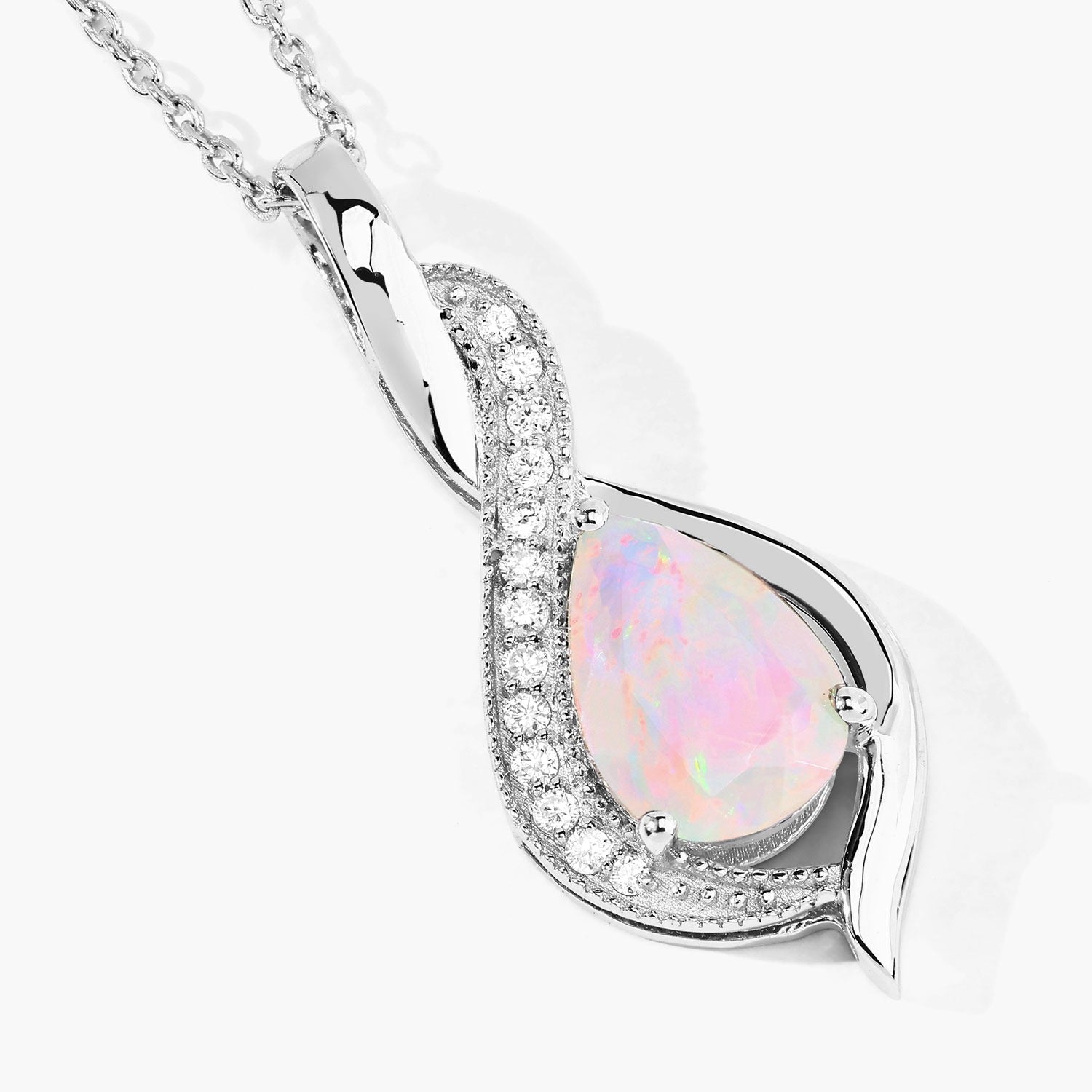 1.02 Ct Genuine Ethiopian Opal and Lab Diamond Silver Teardrop Crossover Pendant Necklace