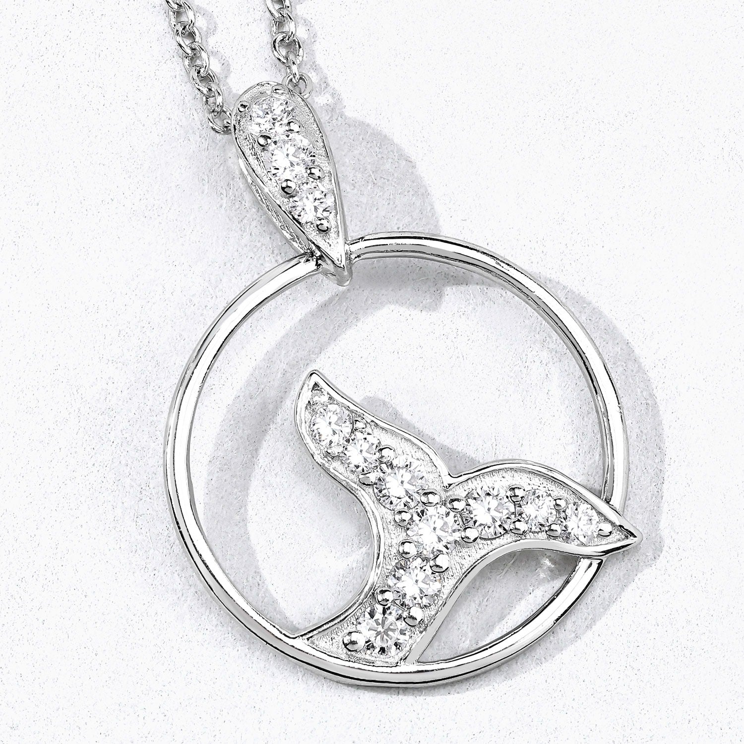 0.34 Cttw Round Lab Diamond Prong Rhodium Plated Silver Whale Tail Circle Pendant