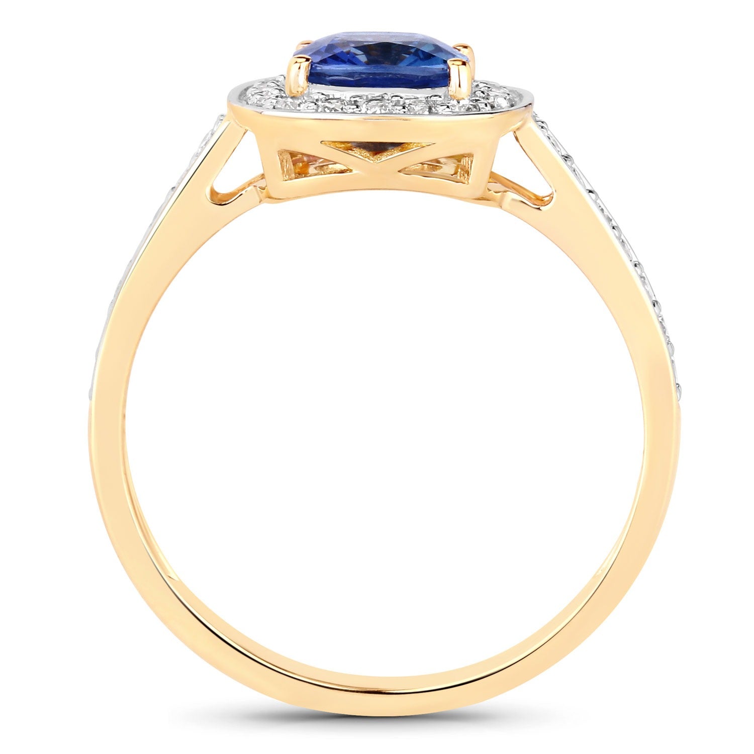 1.31 Ct Cushion Blue Sapphire and White Diamond Prong 18K Yellow Gold Halo Pave Bridge Ring