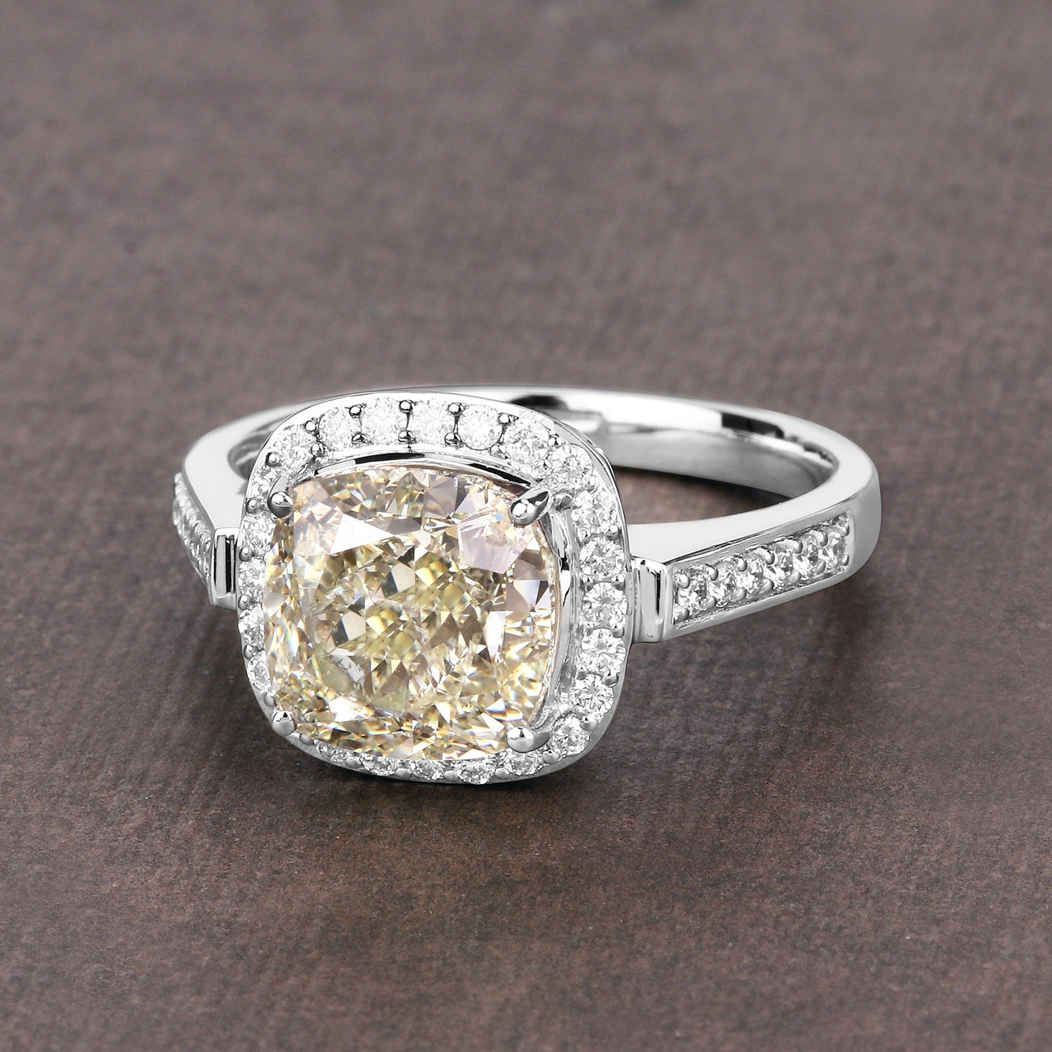 4.02 Ct Natural Yellow Diamond 18K White Gold Halo Cushion Ring