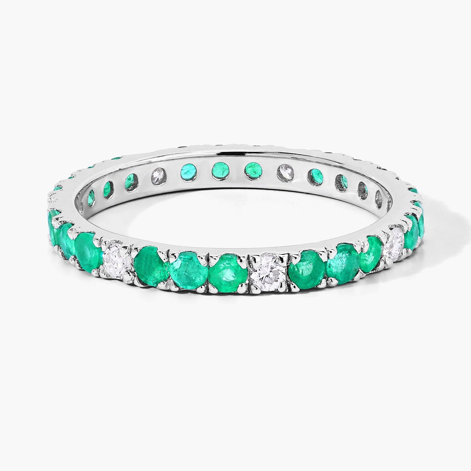 0.99 Ct Genuine Zambian Emerald and Lab Diamond Silver Eternity Ring Fine Color Jewels