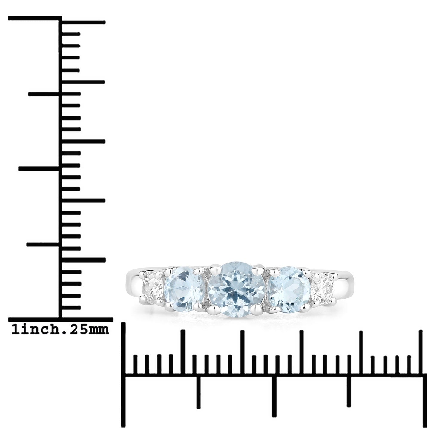 1.04 Ct Genuine Round Aquamarine and Lab Grown Diamond Sterling Silver 5 Stone Ring