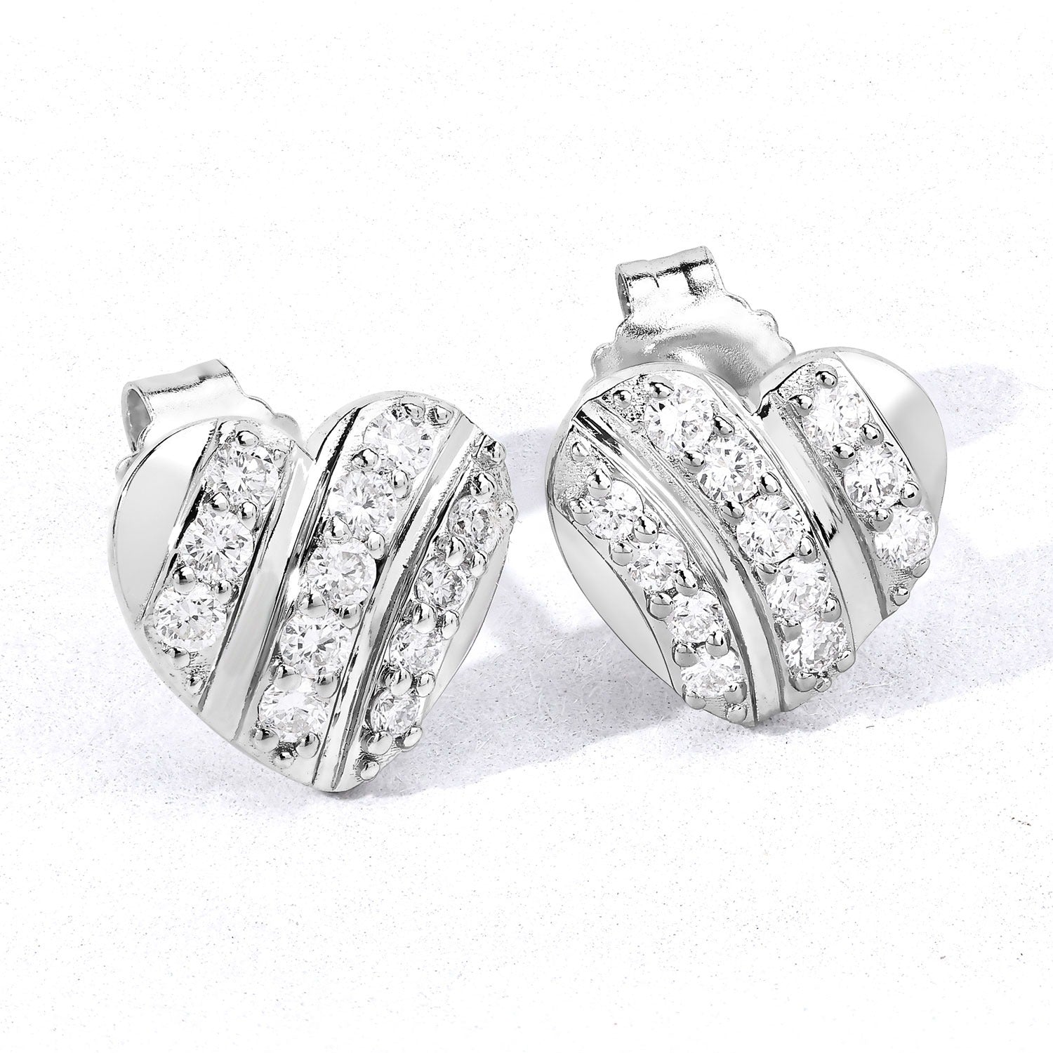 0.50 Cttw Round White Lab Diamond Pavé Rhodium Plated Silver Striped Heart Stud Earrings