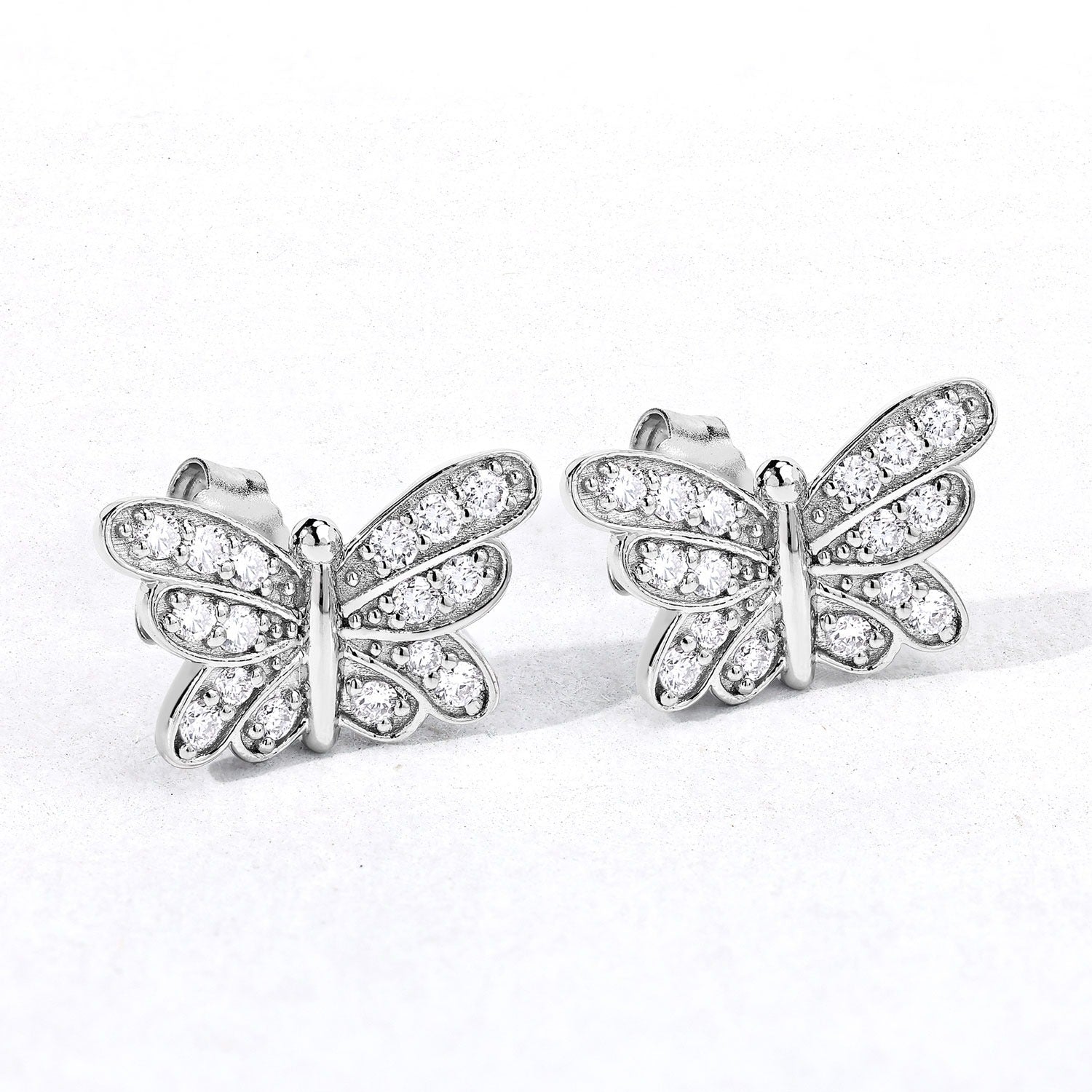 0.52 Cttw Round White Lab Diamond Pavé Rhodium Plated Silver Butterfly Stud Earrings