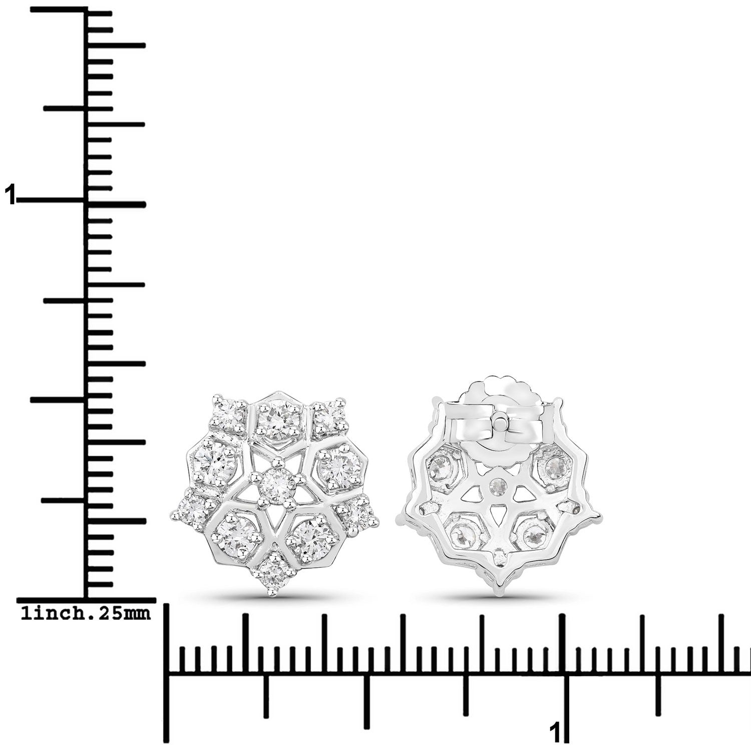 1.00 Cttw Round White Lab Diamond Prong Rhodium Plated Silver Hexagon Cluster Stud Earrings