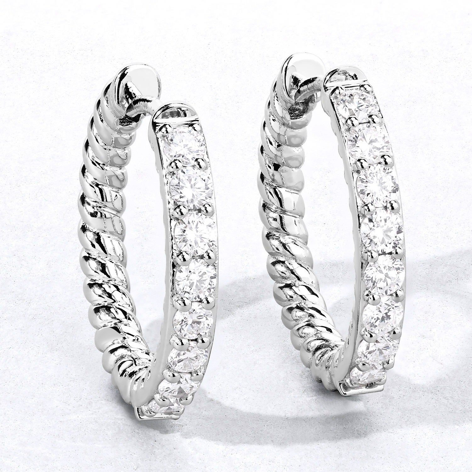 1.00 Cttw Round White Lab Diamond Shared Prong Rhodium Plated Silver Huggie Hoop Clip On Earrings