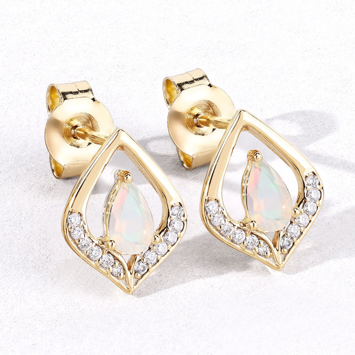 0.34 Cttw Pear White Ethiopian Opal White Natural Diamond 14K Yellow Gold Stud Earrings