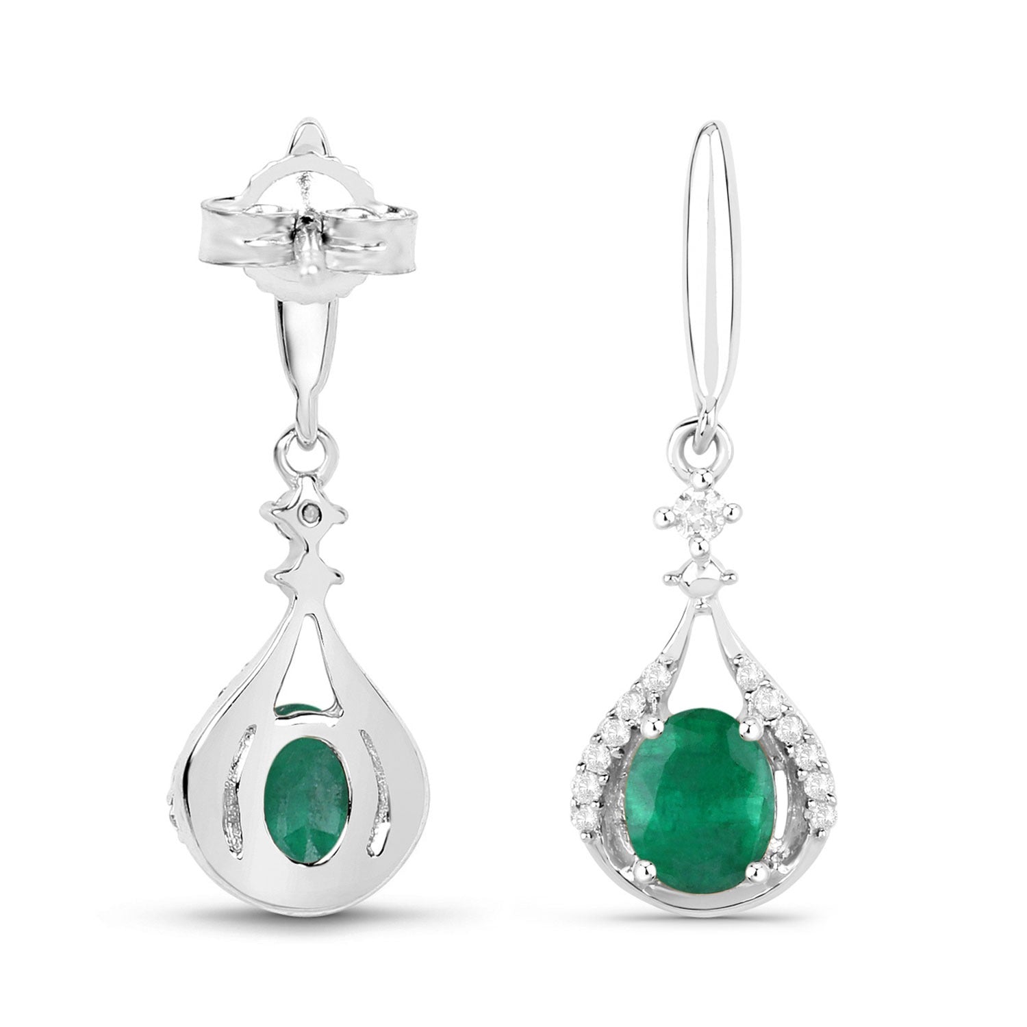 0.70 Ct Oval Green Zambian Emerald and Diamond 14K White Gold Dangle Drop Earrings