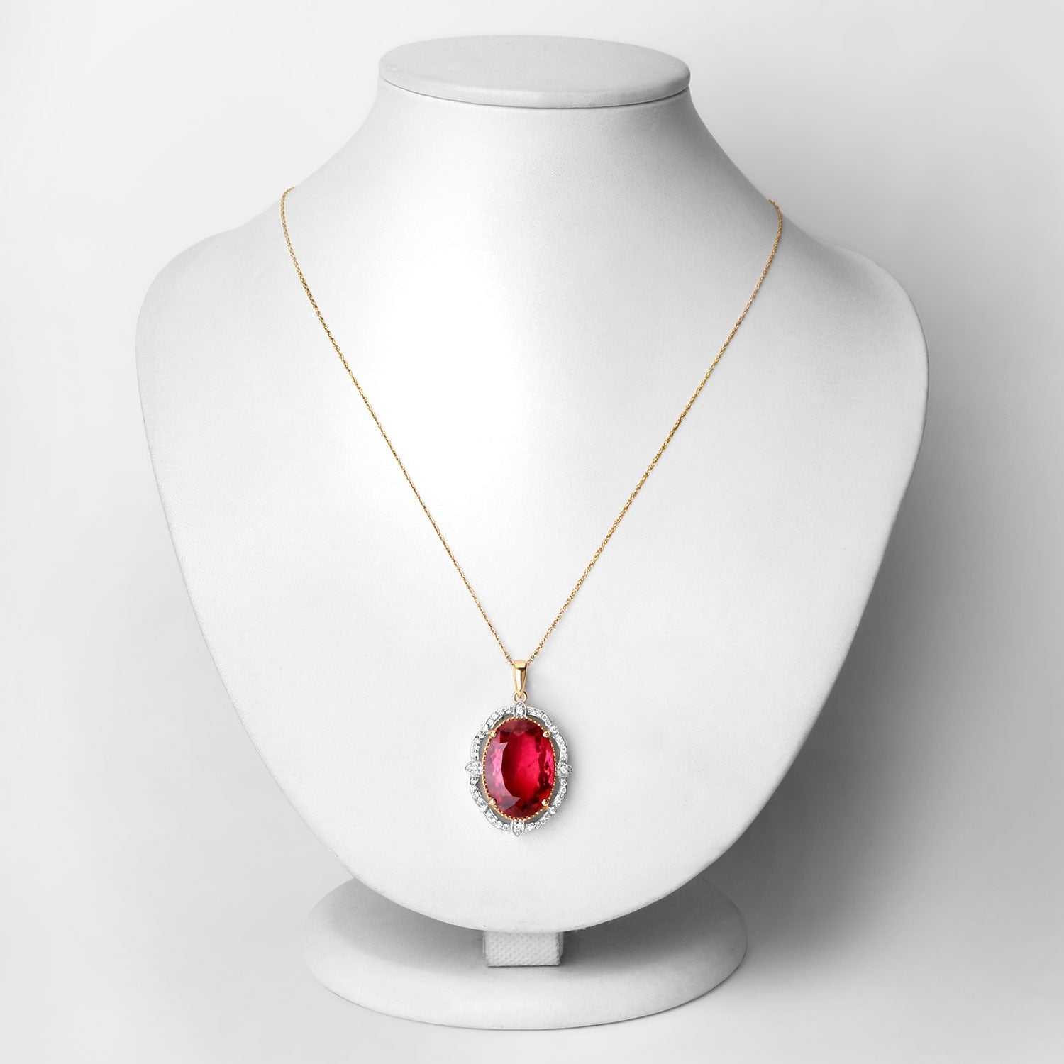 Genuine Rubellite and White Diamond 14K Yellow Gold Oval Pendant Fine Color Jewels