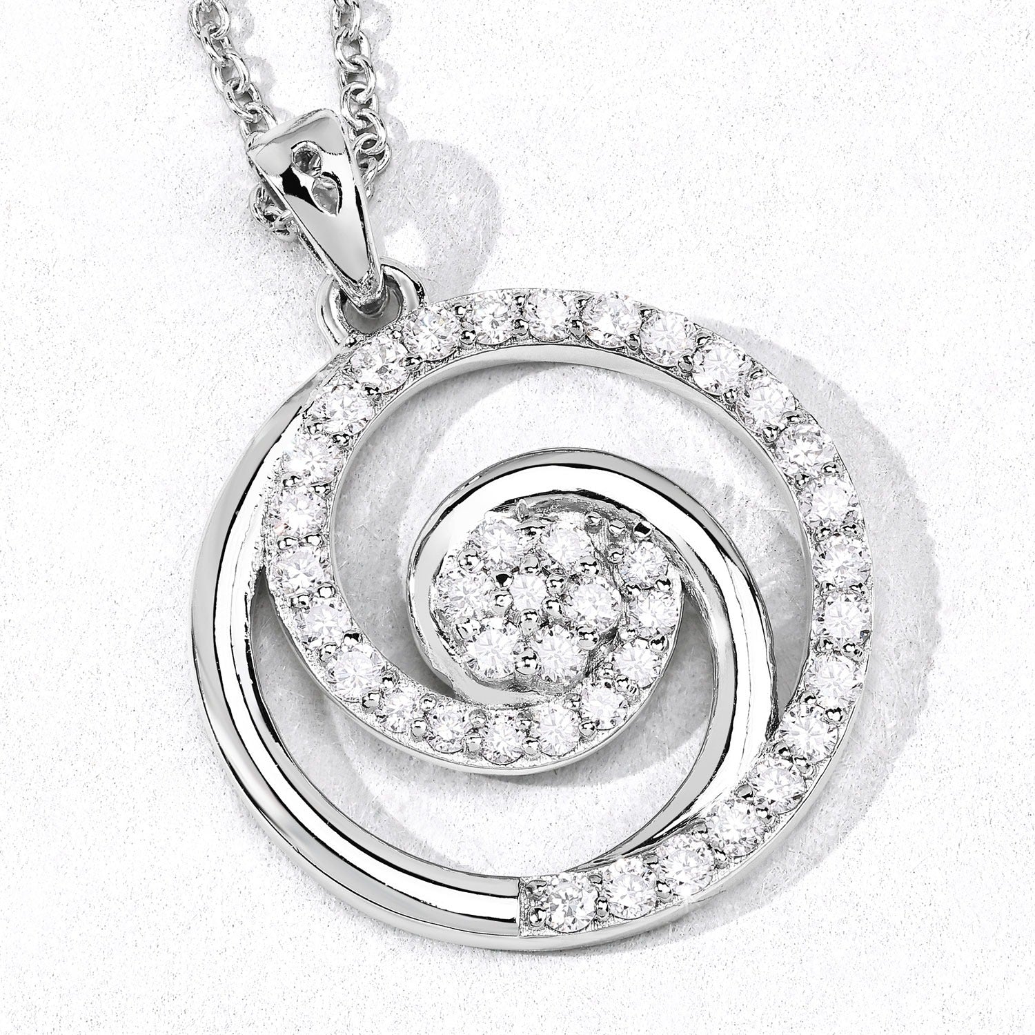0.75 Cttw Round Lab Diamond Prong Rhodium Plated Silver Spiral Galaxy Circle Pendant