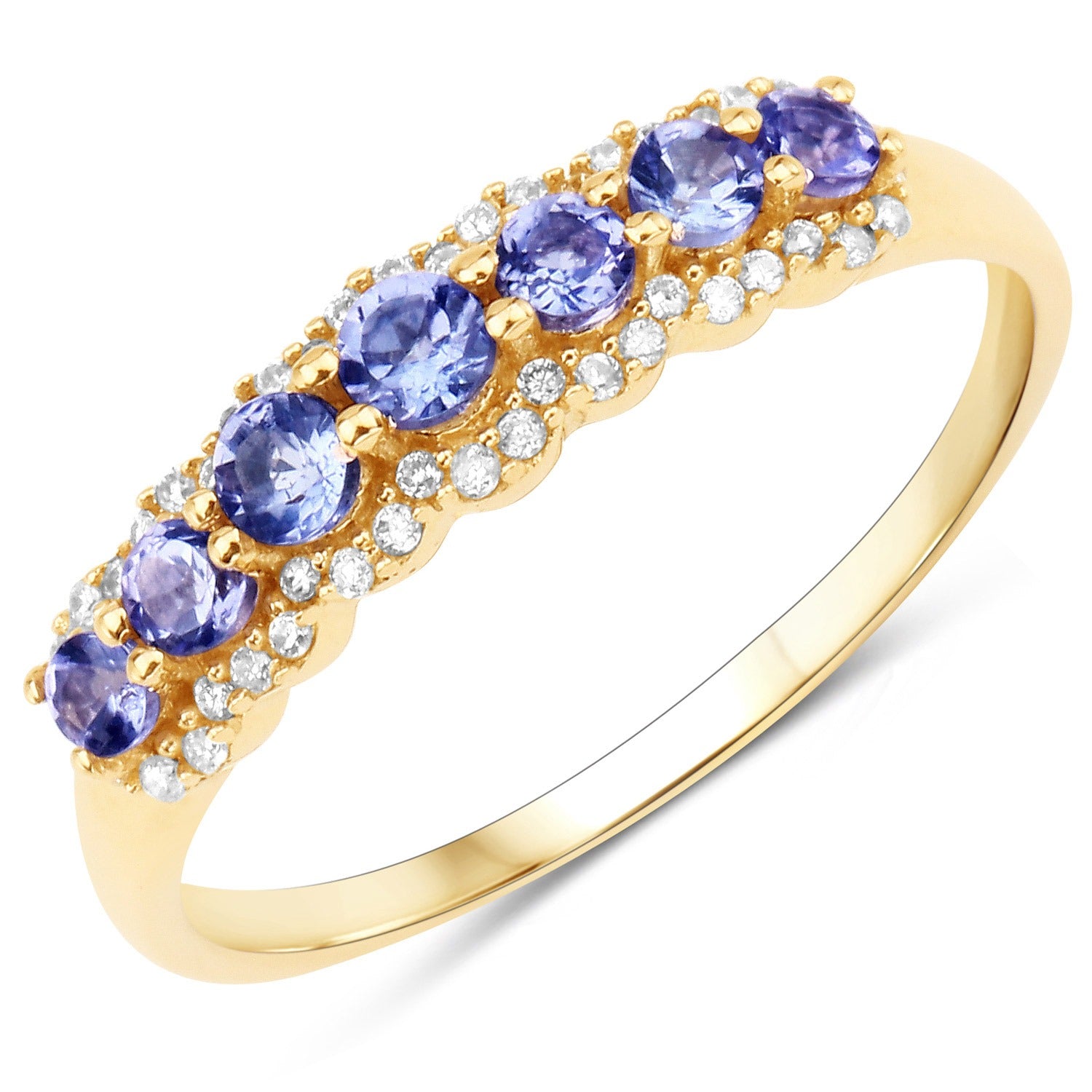 0.38 Ct Round Violet Tanzanite Diamond Prong 14K Yellow Gold Half Eternity Halo Band Ring