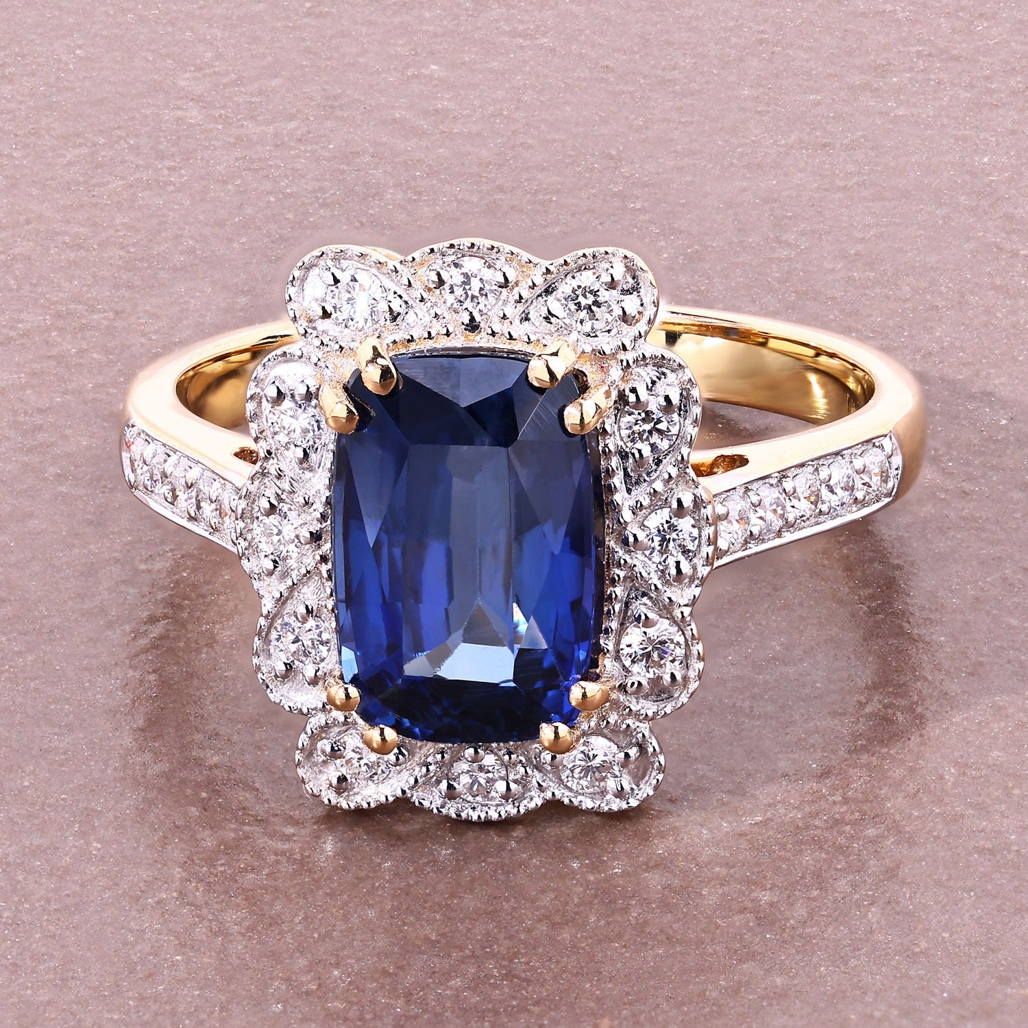 3.21 Ct Cushion Ceylon Blue Sapphire and White Diamond Prong 18K Gold Halo Statement Ring