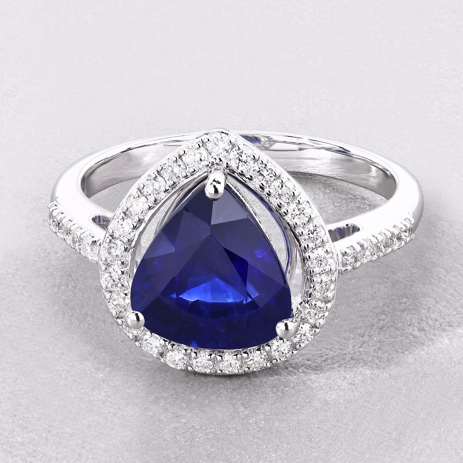 3.47 Ct Pear Ceylon Blue Sapphire and White Diamond Prong 18K White Gold Halo Statement Ring