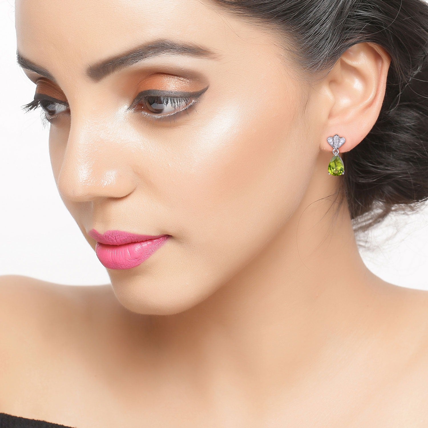 Genuine Peridot and Lab Grown Diamond Silver Earrings