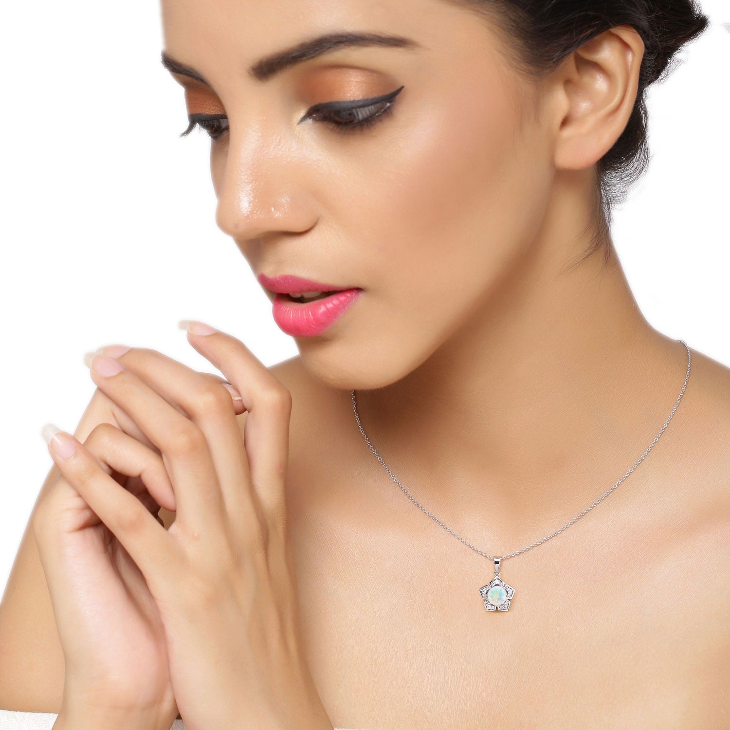 1.03 Ct Genuine Ethiopian Opal and Lab Diamond Silver Star Necklace