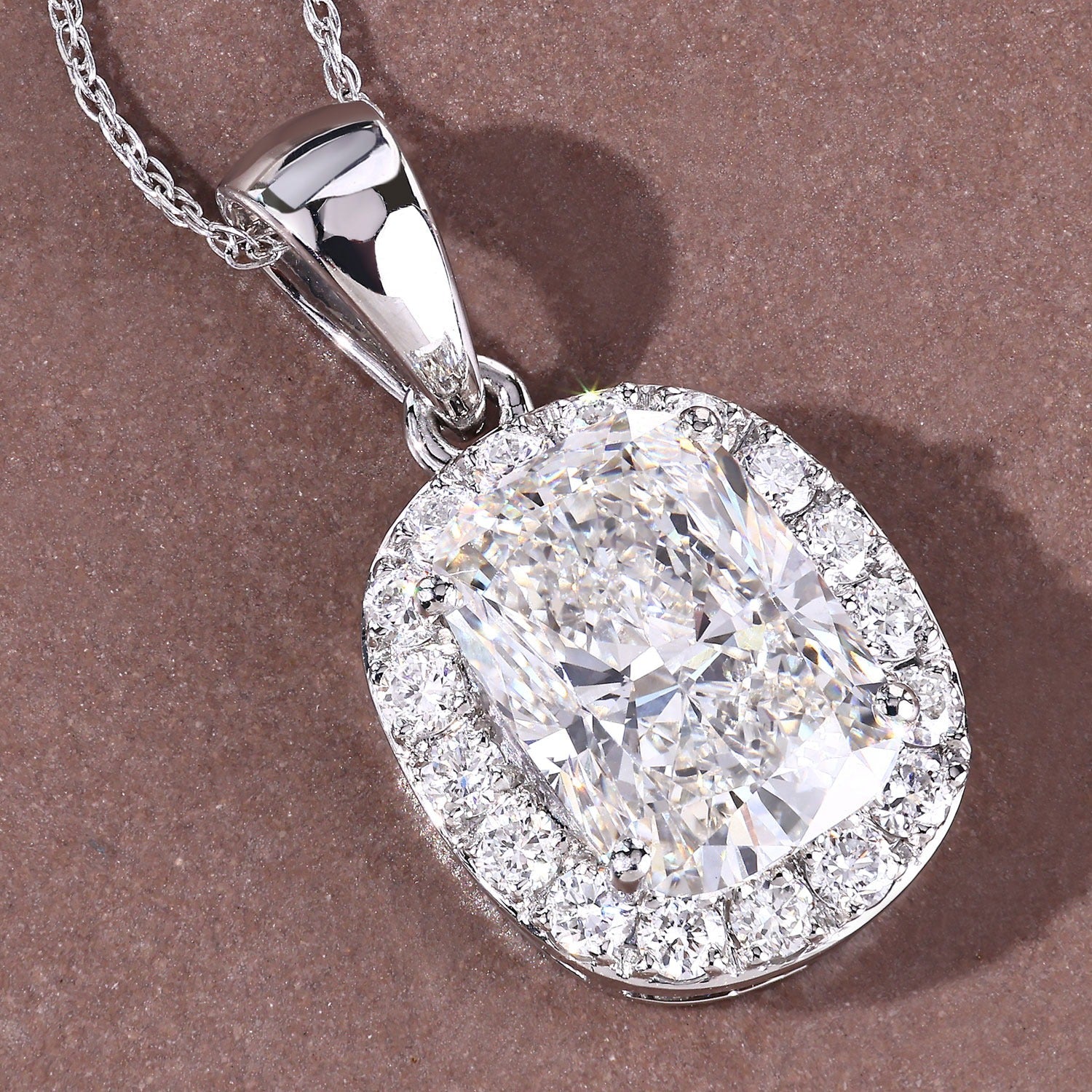 4.58 Ct Cushion Lab Grown Diamond Prong Platinum Bridal Halo Pendant