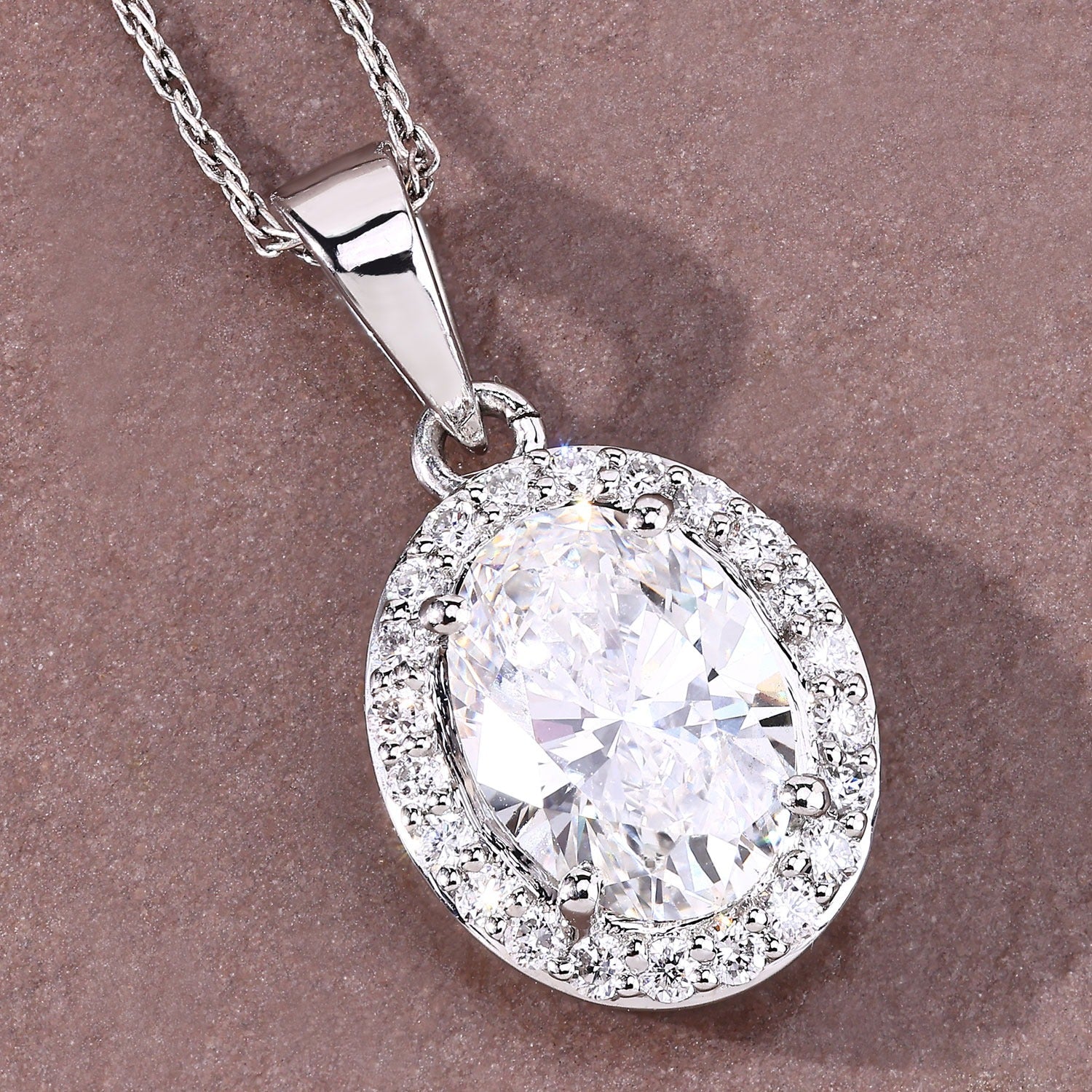 Lab Grown Diamond Prong Bridal Oval Halo Platinum Pendant