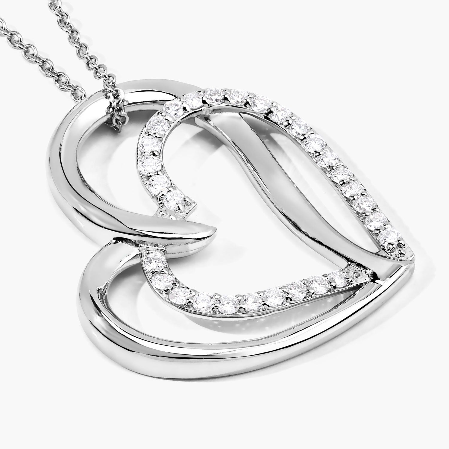 0.52 Cttw Round Lab Diamond Prong Rhodium Plated Silver Intertwined Double Heart Pendant