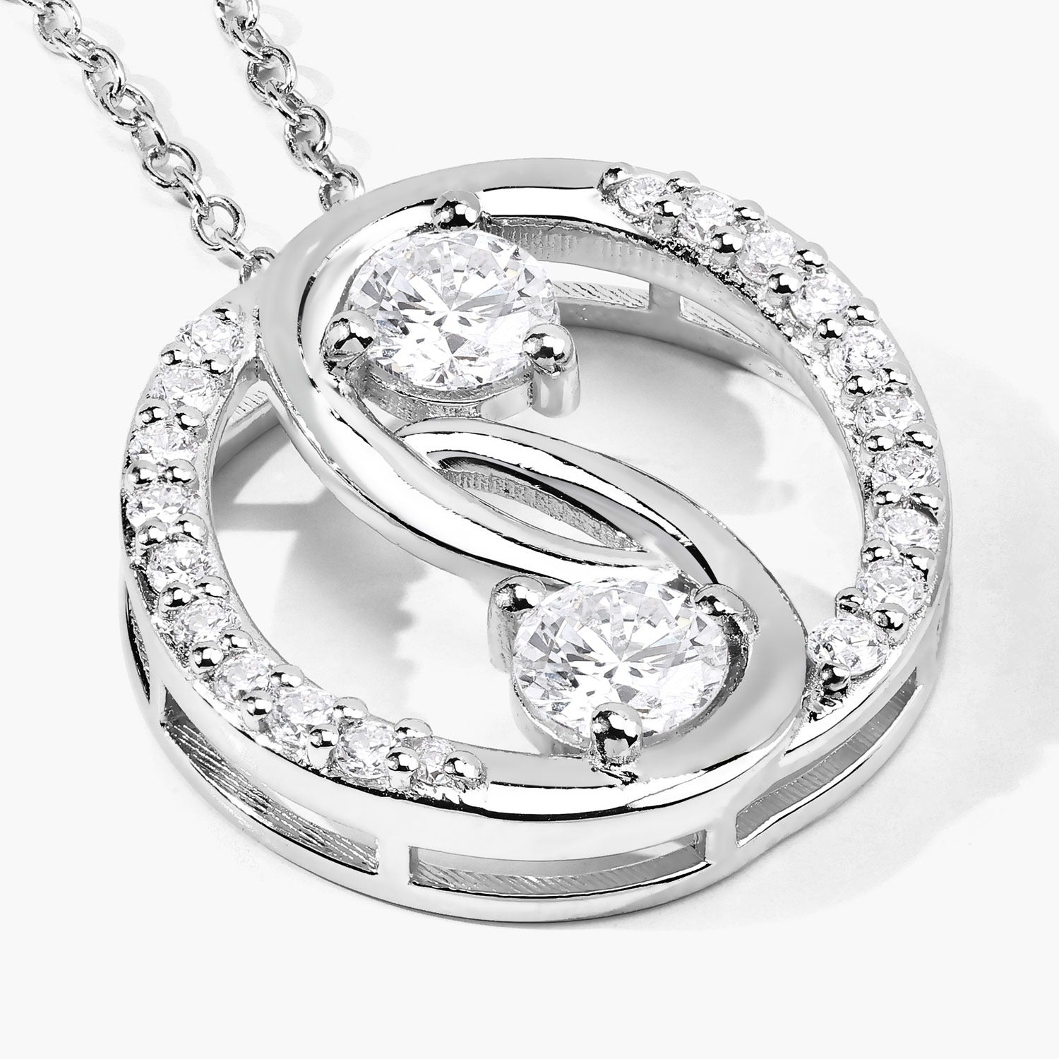 1 Cttw Round Lab Diamond Prong Rhodium Plated Silver Two Stone Swirl Circle Pendant