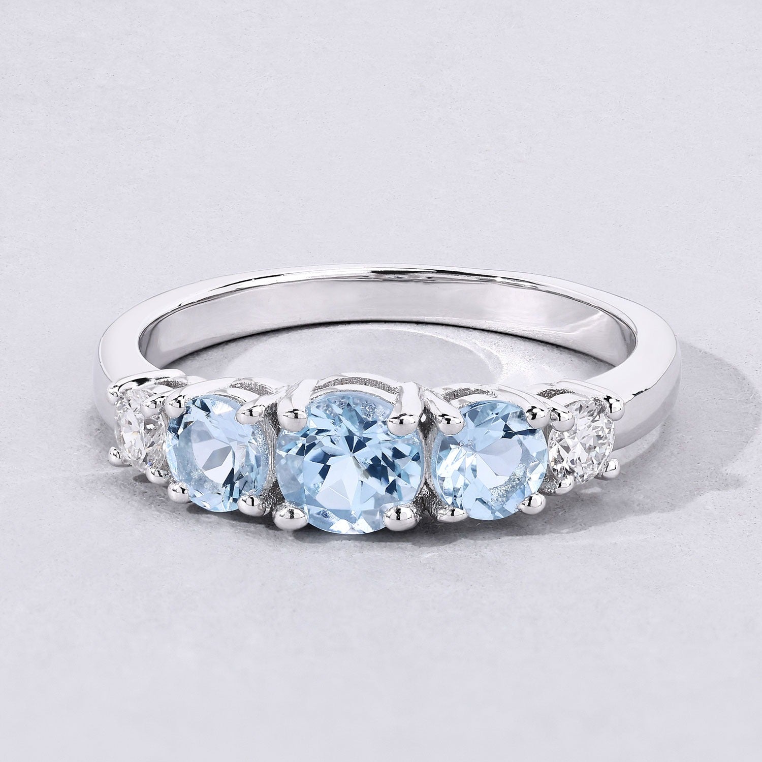 1.04 Ct Genuine Round Aquamarine and Lab Grown Diamond Sterling Silver 5 Stone Ring