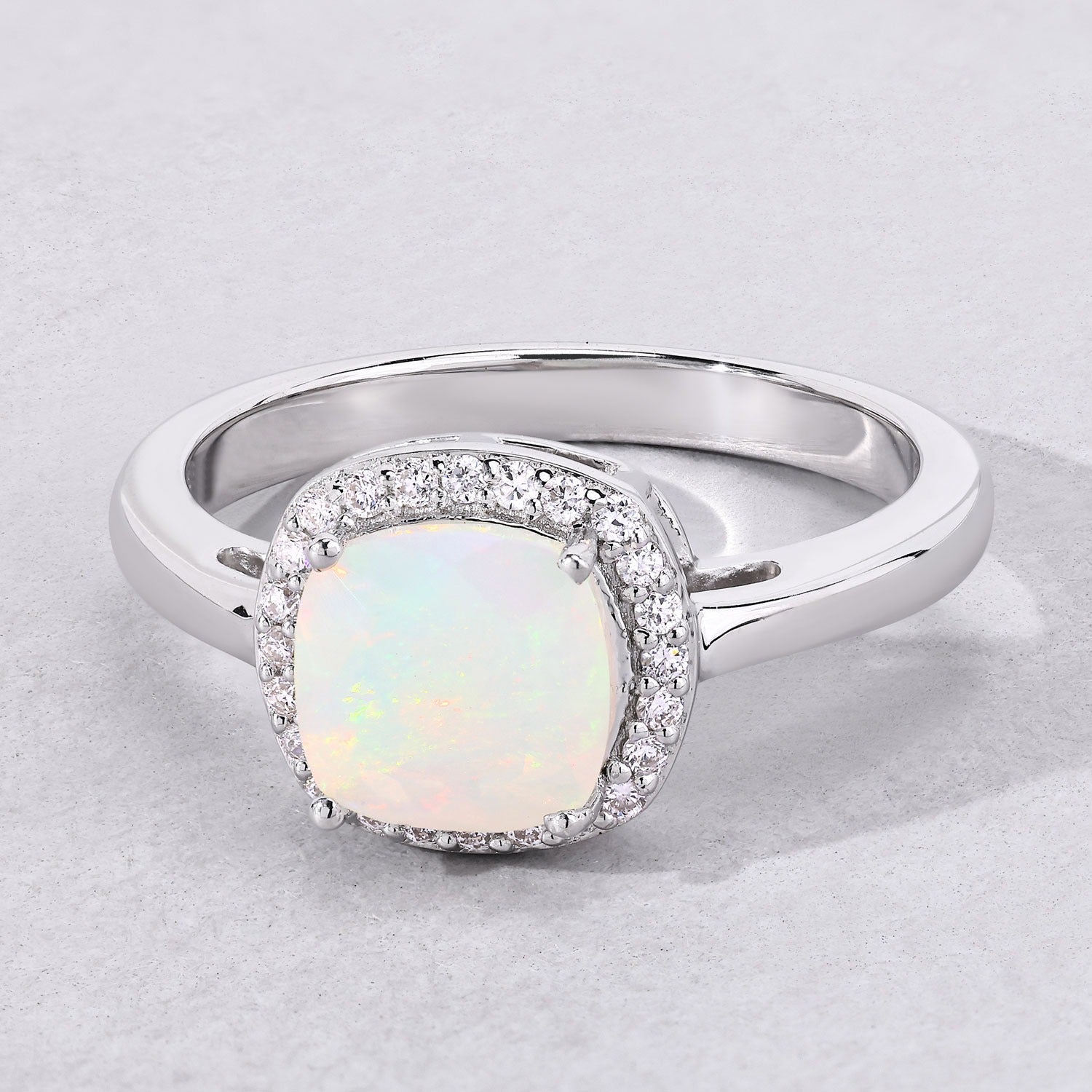 0.94 Ct Genuine Cushion Ethiopian Opal and Lab Diamond 925 Sterling Silver Halo Ring