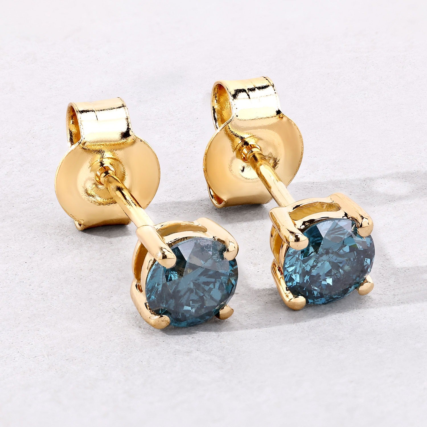 0.80 Cttw Round Teal Blue Diamond 14K Gold Solitaire Stud Earrings