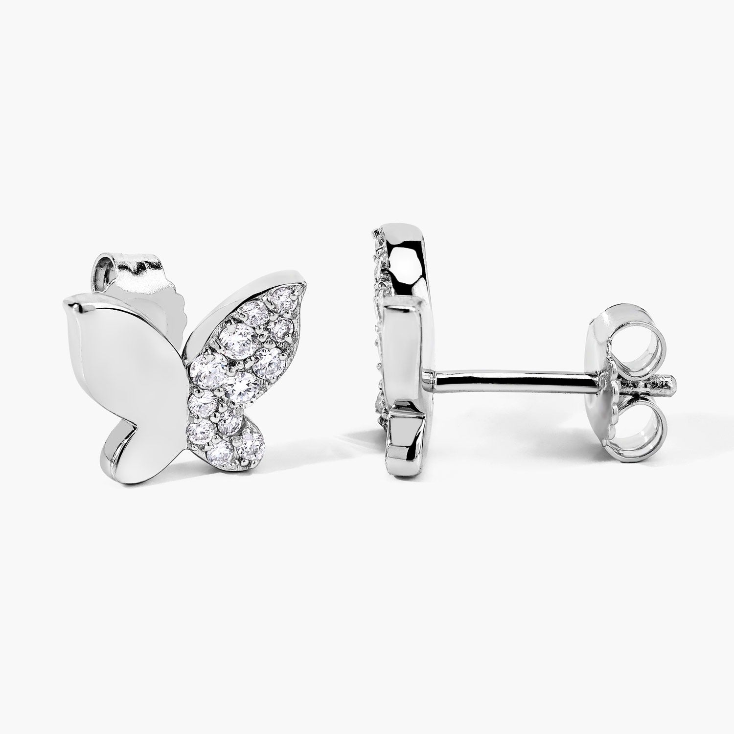 0.34 Cttw Round White Lab Diamond Pavé Rhodium Plated Silver Half Pavé Butterfly Stud Earrings