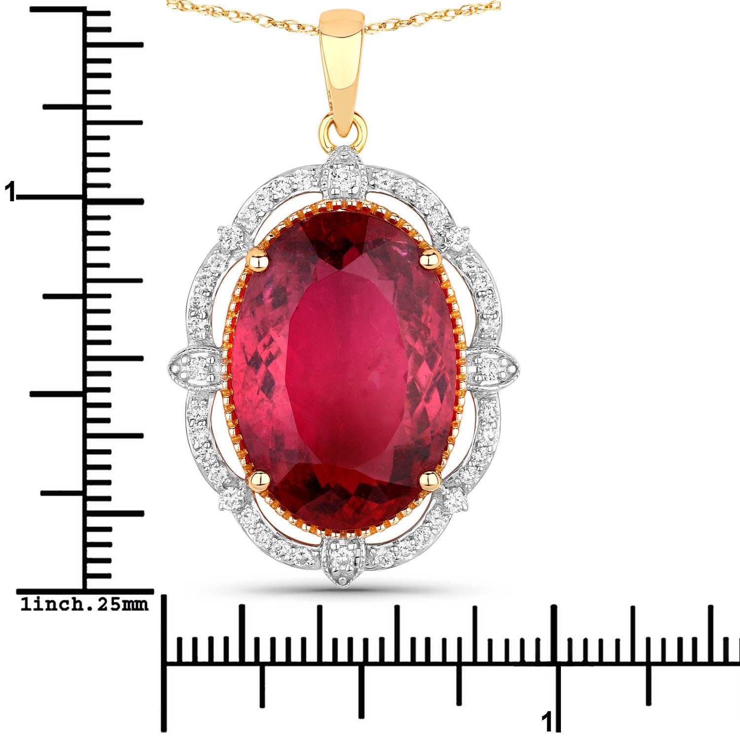 Genuine Rubellite and White Diamond 14K Yellow Gold Oval Pendant Fine Color Jewels