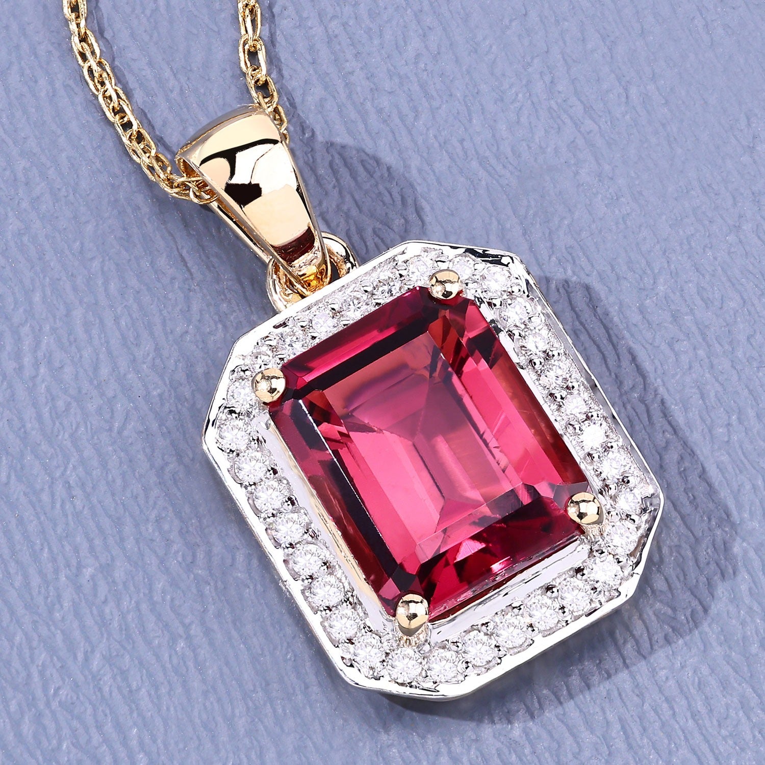 Red Genuine Rubellite and White Diamond 14K Yellow Gold Halo Pendant Fine Color Jewels