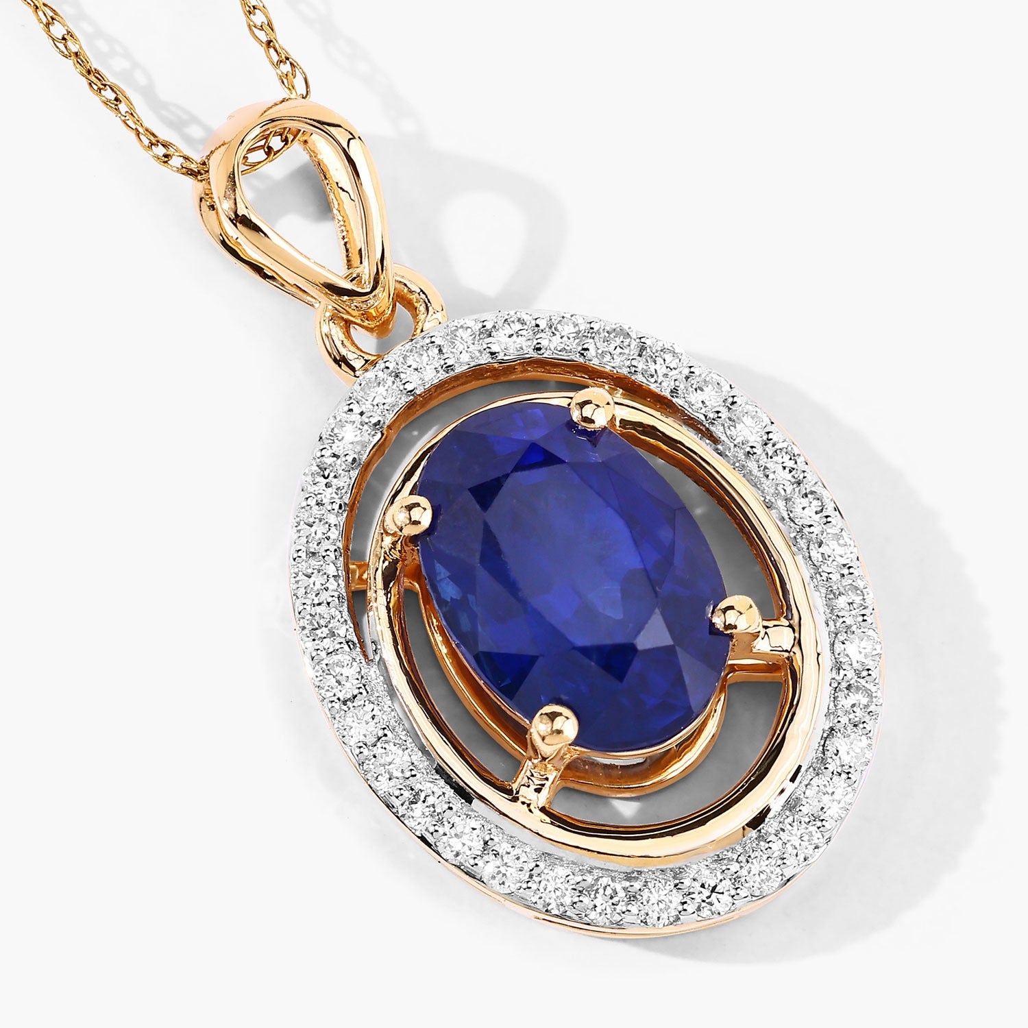 2.59 Ct Genuine Oval Ceylon Blue Sapphire and Diamond 18K Yellow Gold Statement Pendant