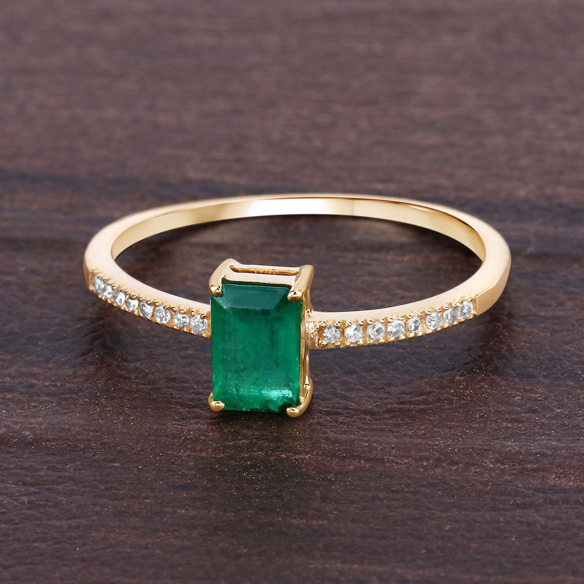 0.59 Cttw Octagon Green Natural Zambian Emerald Diamond 14K Yellow Gold Bridge Ring