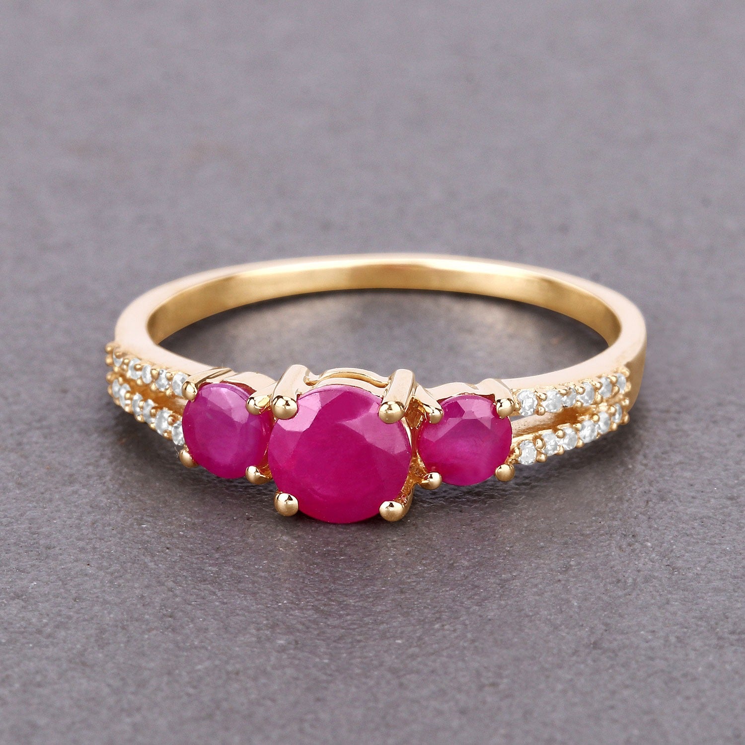 1.02 Ct Round Three Stone Pink Ruby and White Diamond Prong 14K Yellow Gold Split Shank Ring