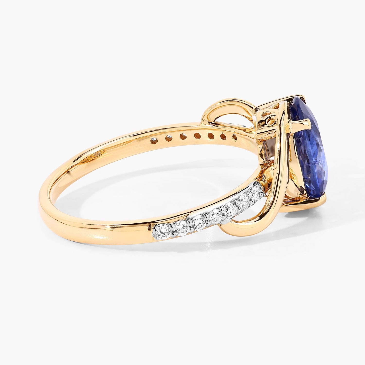 2.34 Ct Oval Ceylon Blue Sapphire and White Diamond Prong 18K Yellow Gold Pave Crossover Ring