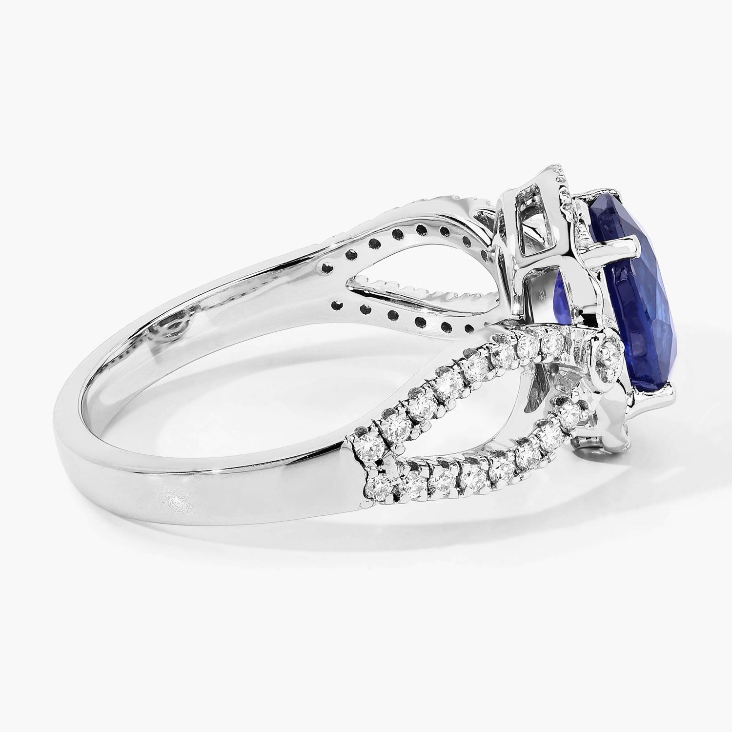 2.33 Ct Oval Ceylon Blue Sapphire and White Diamond Prong 18K White Gold Pave Halo Crossover Ring
