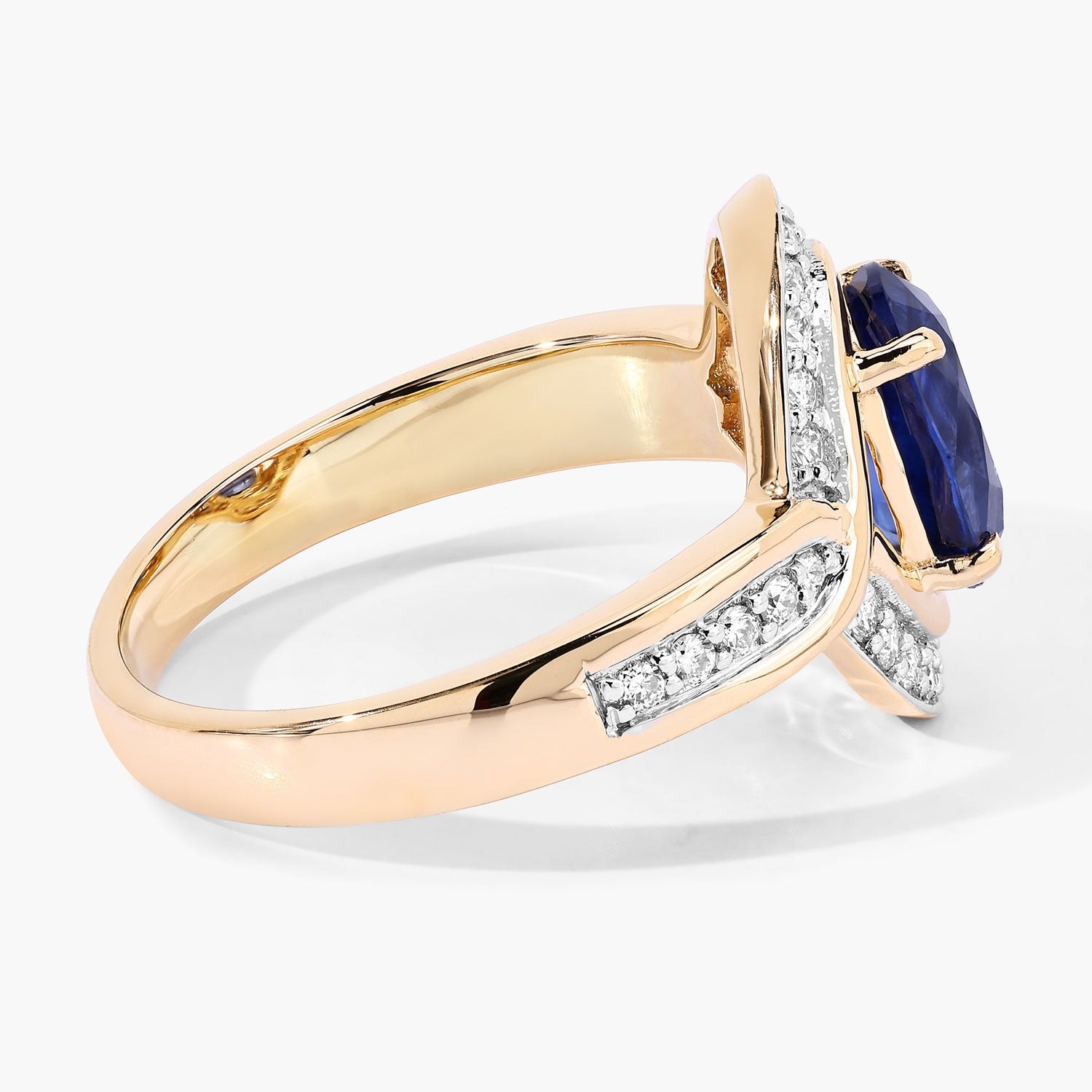 2.37 Ct Oval Ceylon Blue Sapphire and White Diamond Prong 18K Yellow Gold Pave Halo Statement Ring