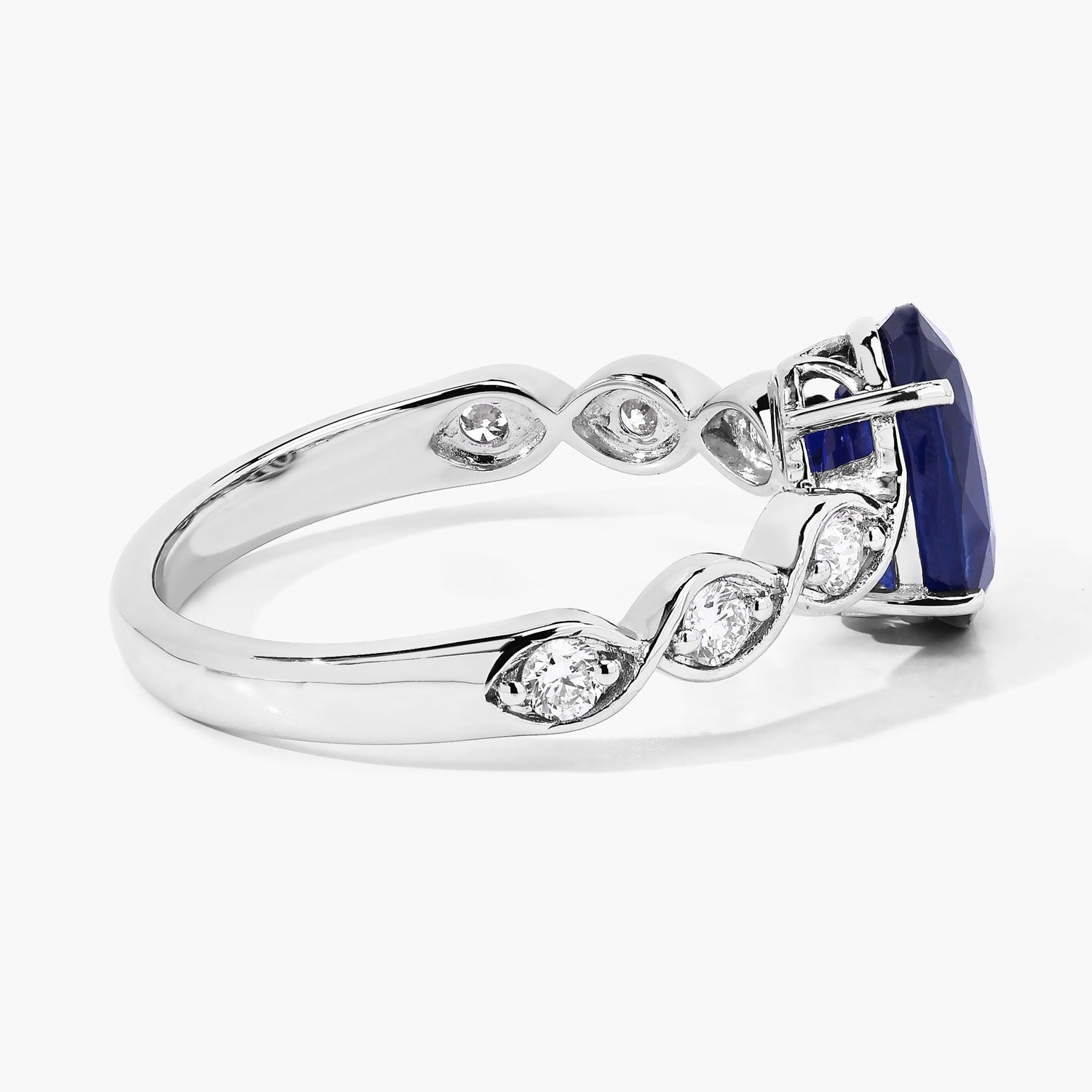 2.57 Ct Oval Ceylon Blue Sapphire and White Diamond Prong 18K White Gold Crossover Wedding Ring