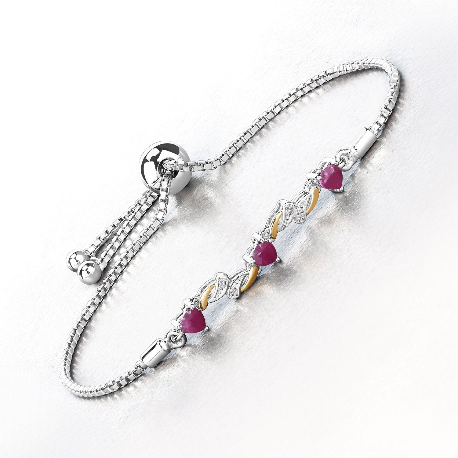 Genuine Ruby and White Sapphire Silver Heart Bracelet